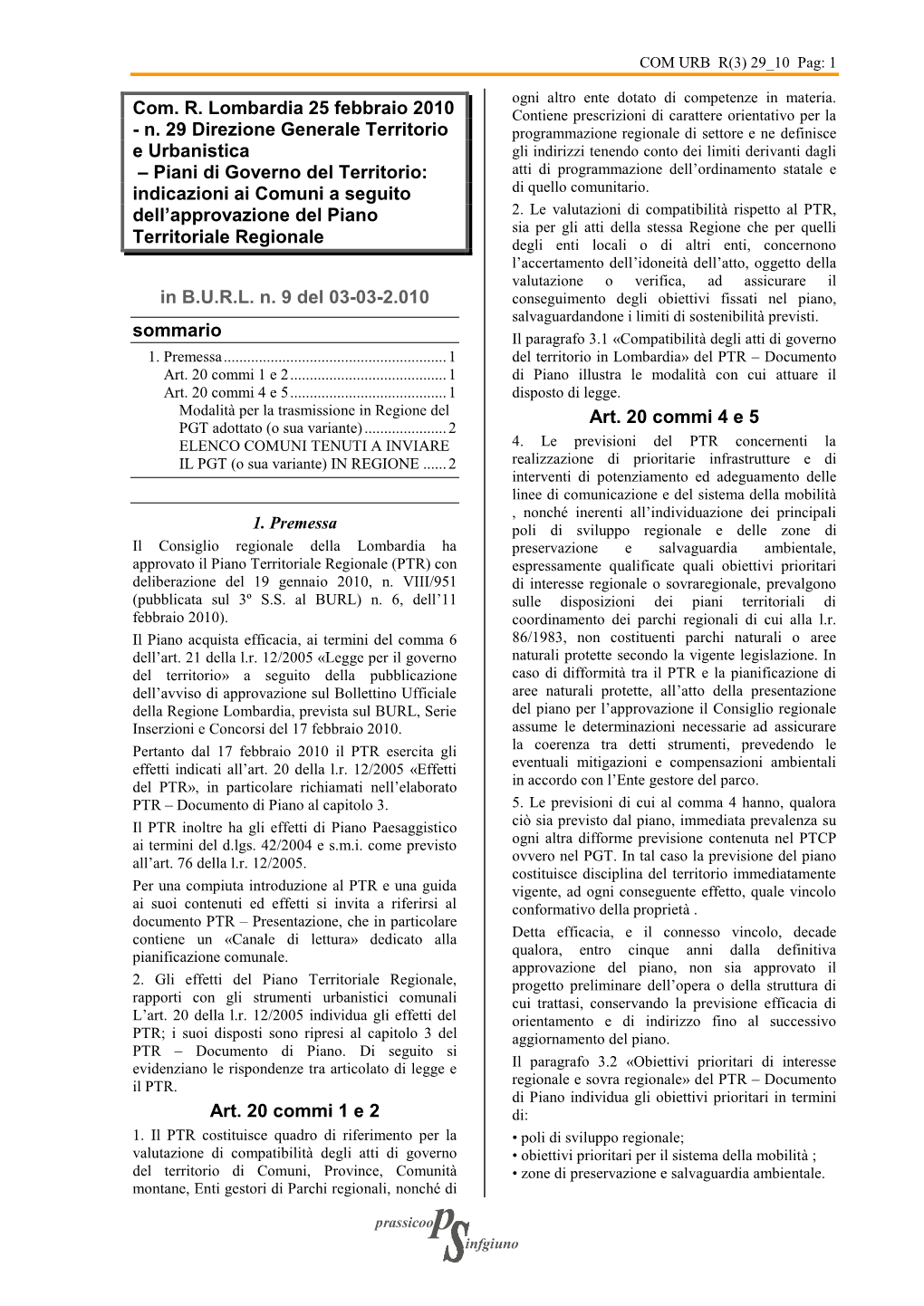 Com. R. Lombardia 25 Febbraio 2010 Contiene Prescrizioni Di Carattere Orientativo Per La - N