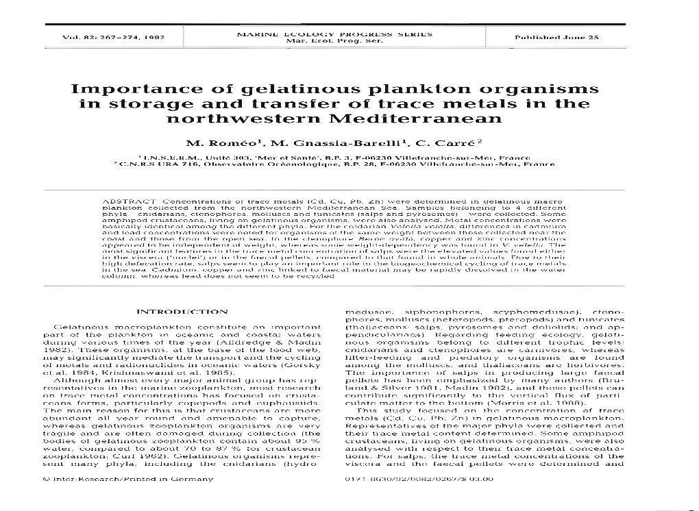 Importance of Gelatinous Plankton Organisms in Storage and Transfer of Trace Metals in the Northwestern Mediterranean