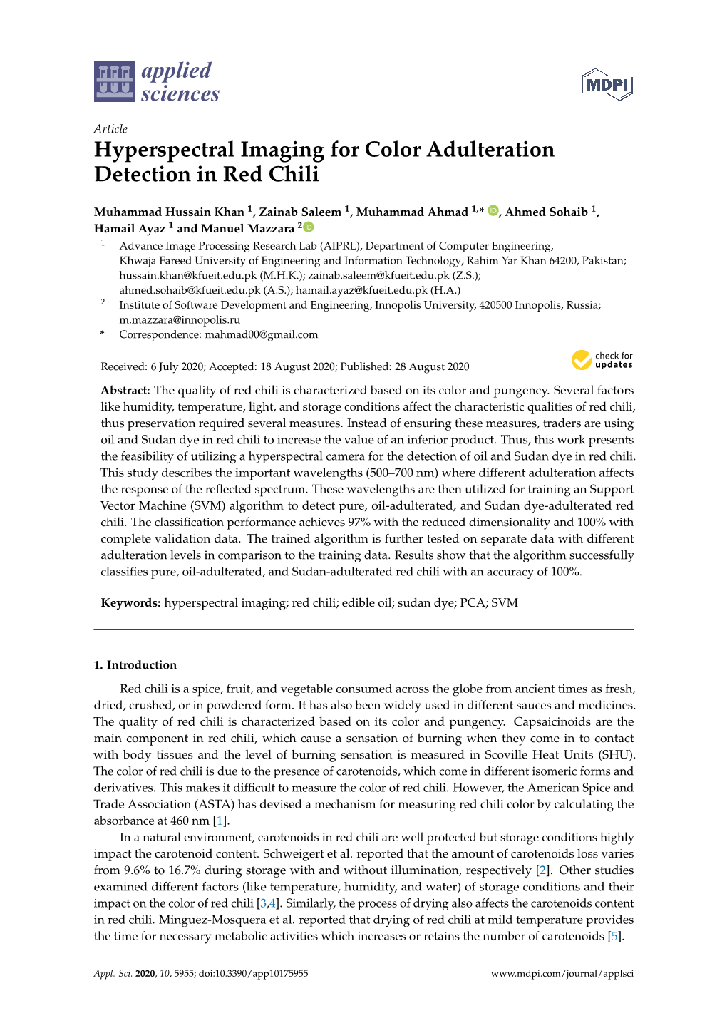 Hyperspectral Imaging for Color Adulteration Detection in Red Chili