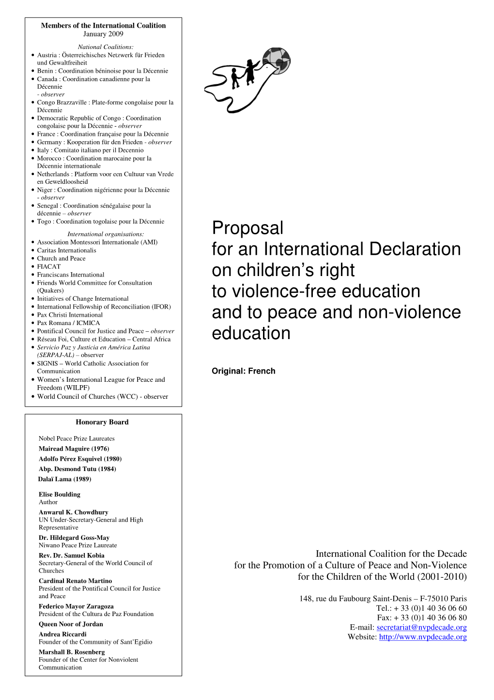 Proposal for an International Declaration on Children's Right to Violence-Free Education and to Peace and Non-Violence Education