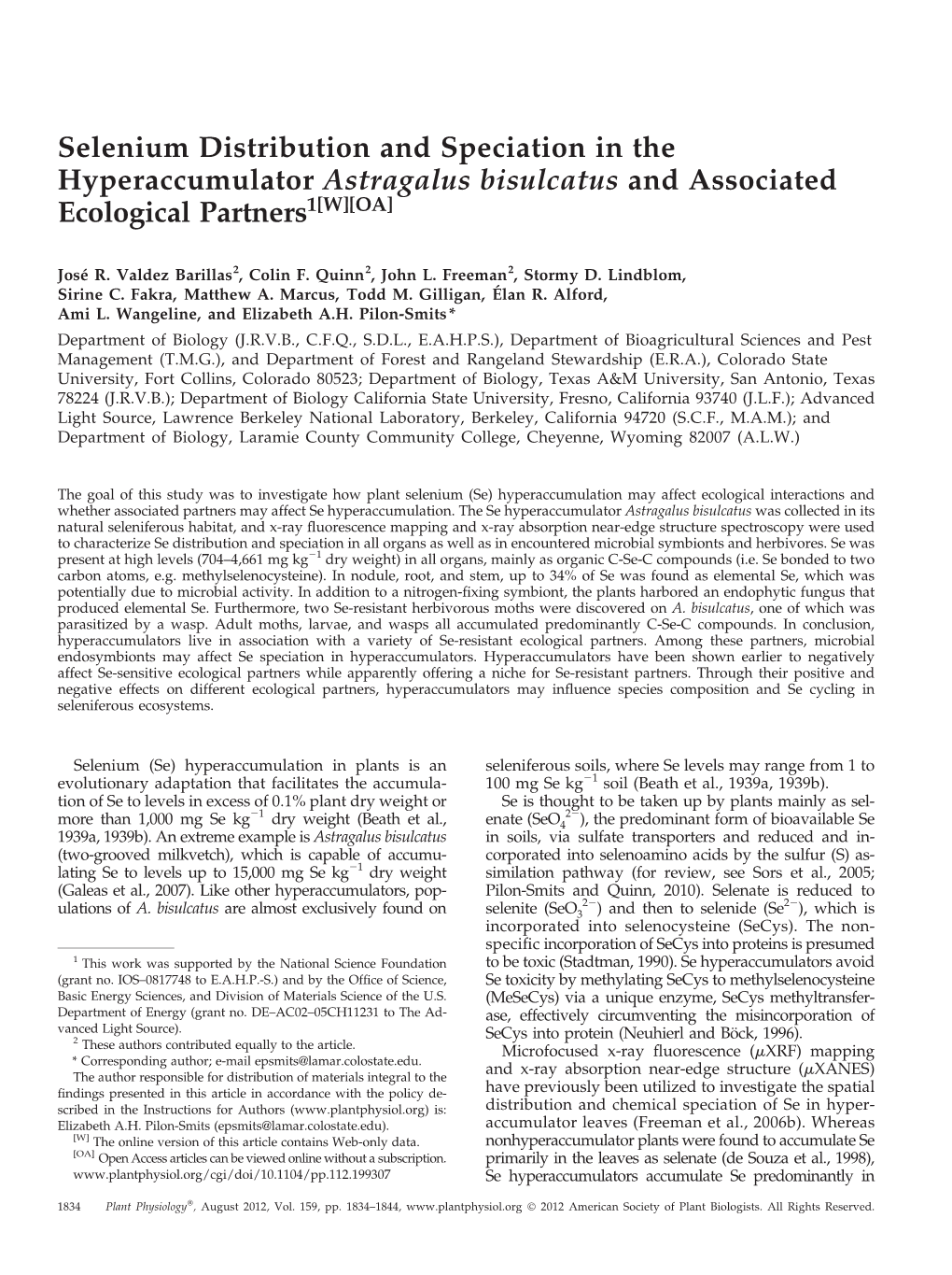 Selenium Distribution and Speciation in the Hyperaccumulator Astragalus Bisulcatus and Associated Ecological Partners1[W][OA]