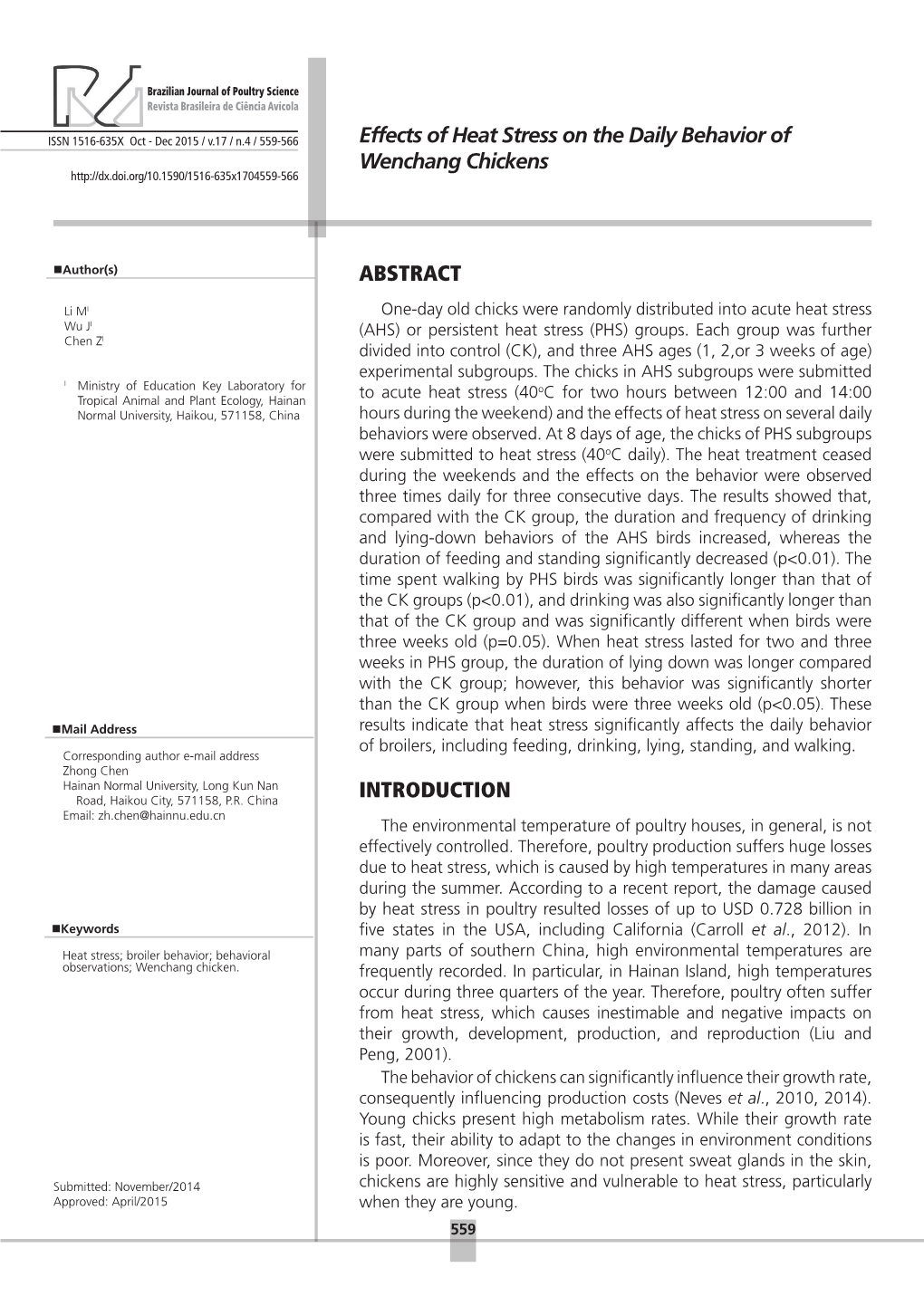 Effects of Heat Stress on the Daily Behavior of Wenchang Chickens