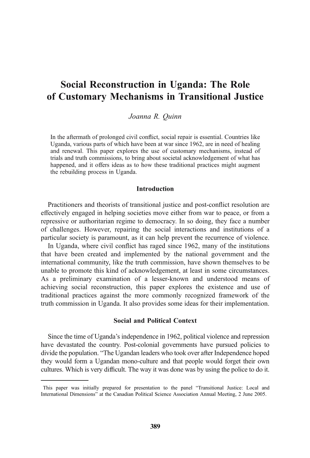 Social Reconstruction in Uganda: the Role of Customary Mechanisms in Transitional Justice