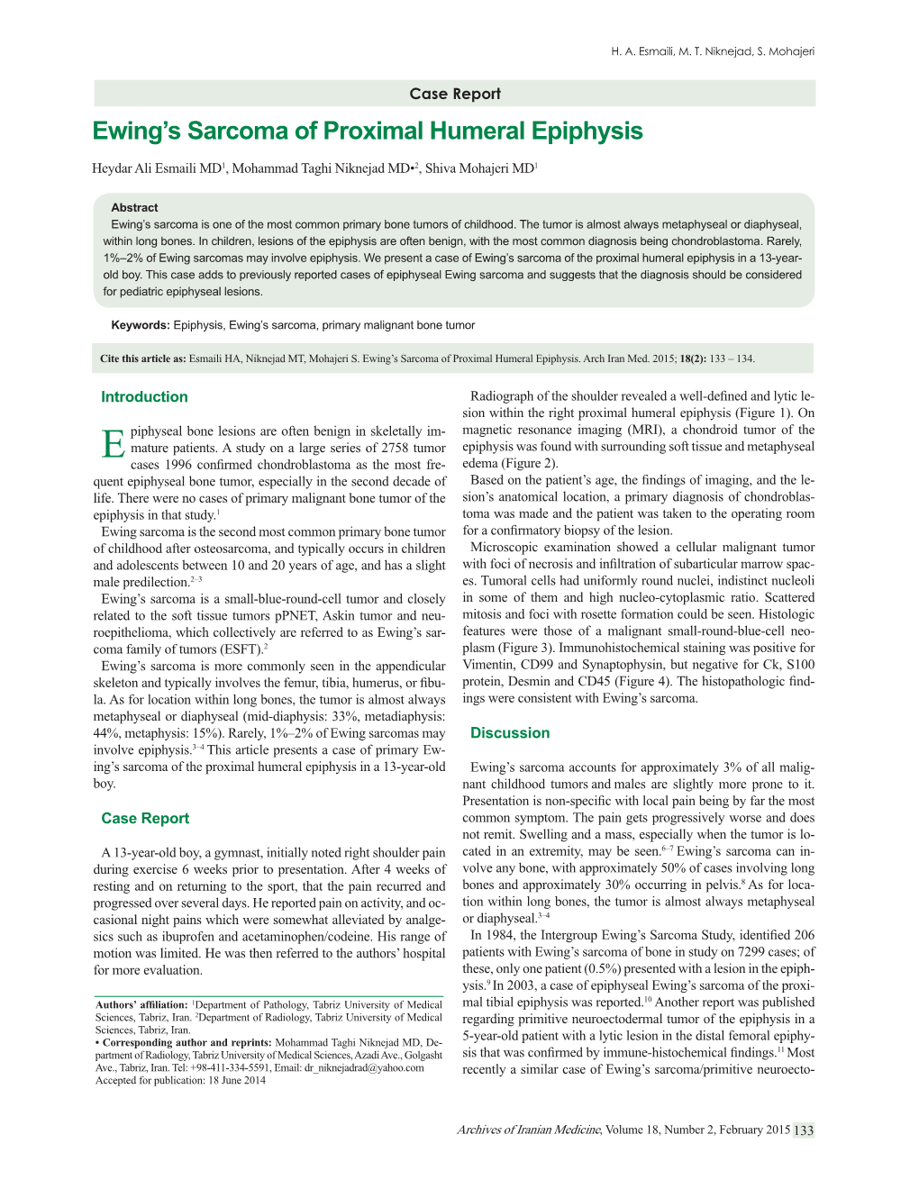 Ewing's Sarcoma of Proximal Humeral Epiphysis