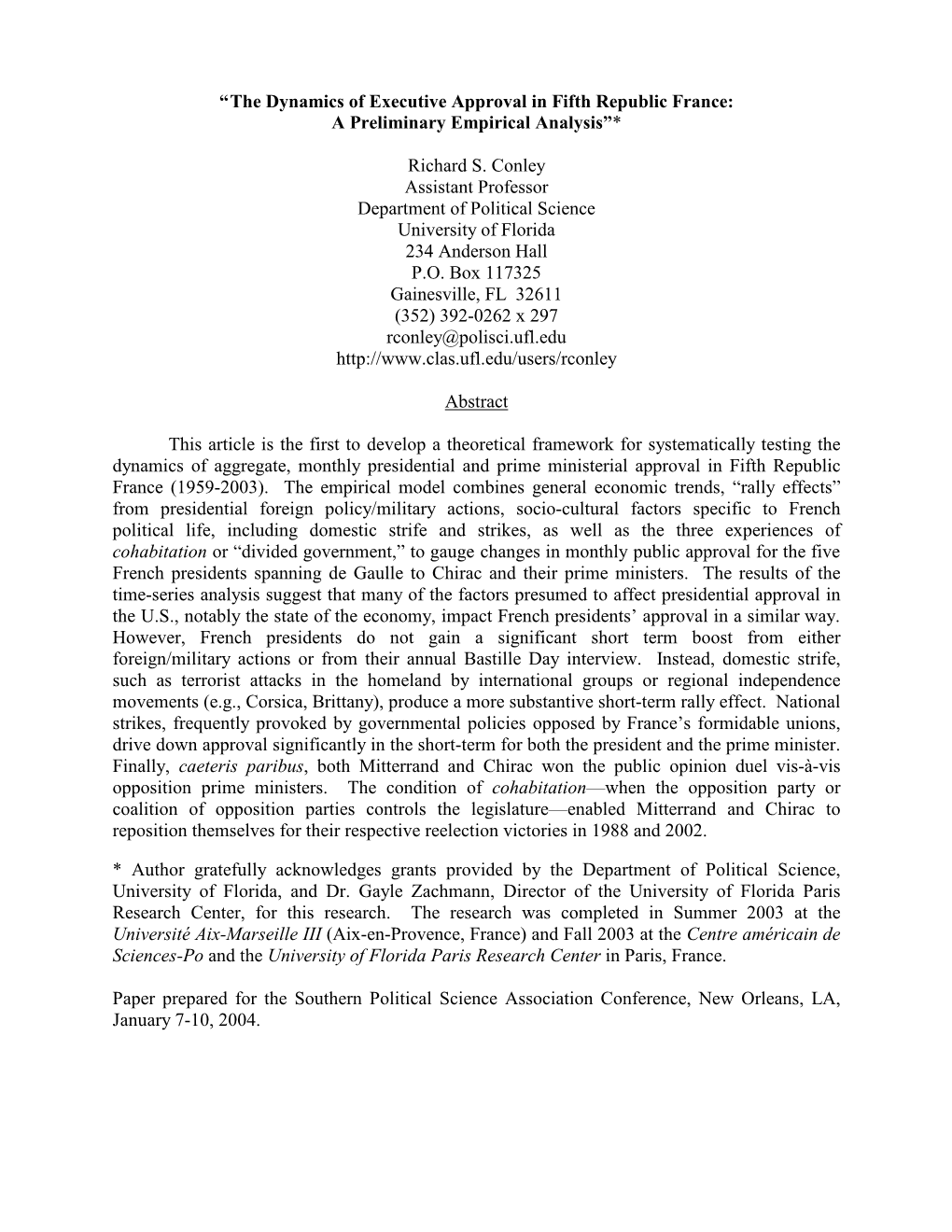 “The Dynamics of Executive Approval in Fifth Republic France: a Preliminary Empirical Analysis”*