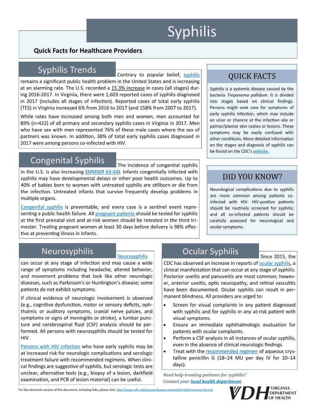 Syphilis Quick Facts for Healthcare Providers