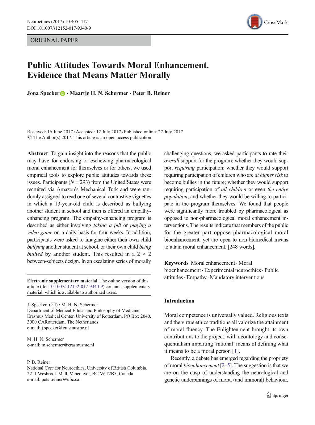 Public Attitudes Towards Moral Enhancement. Evidence That Means Matter Morally