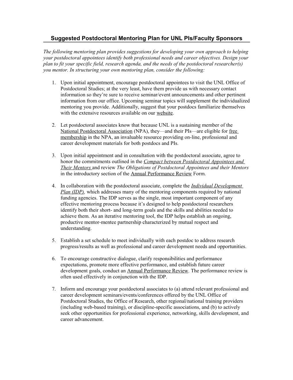 Suggested Postdoctoral Mentoring Plan for UNL Pis/Faculty Sponsors