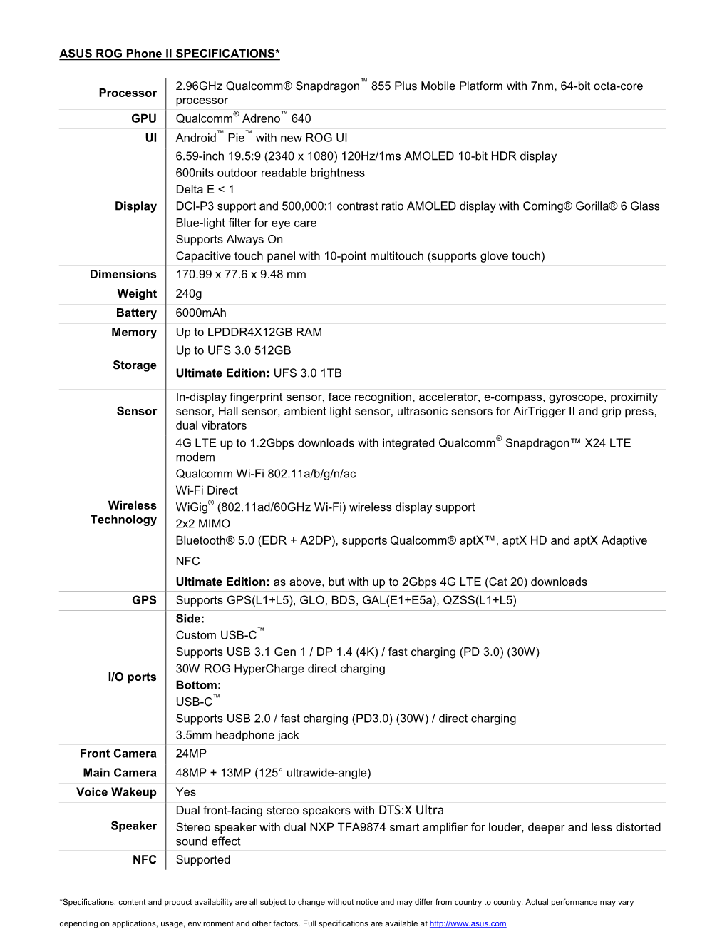 ASUS ROG Phone II SPECIFICATIONS* Processor 2.96