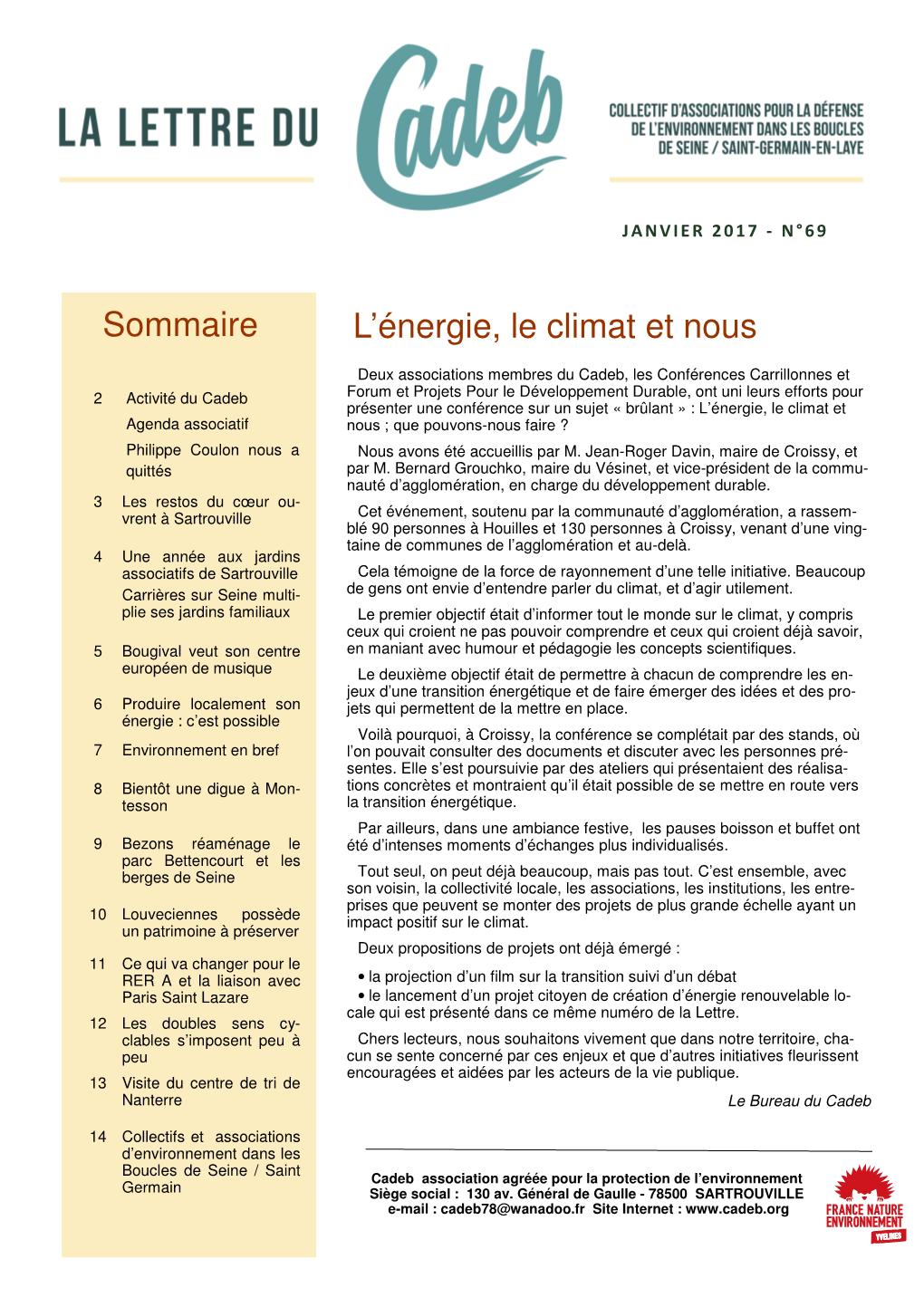 Lettre N°69 (Janvier 2017)