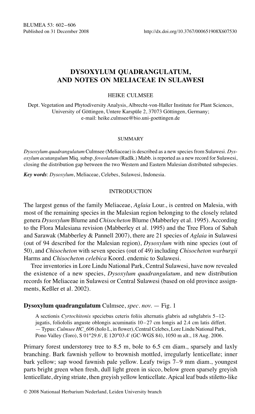 Dysoxylum Quadrangulatum, and Notes on Meliaceae in Sulawesi