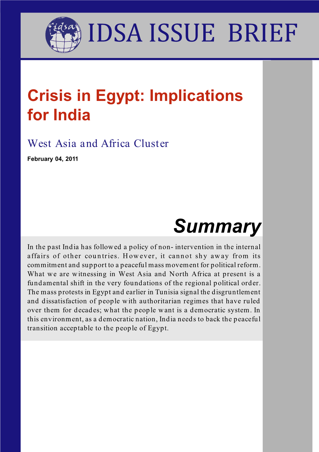 Crisis in Egypt: Implications for India