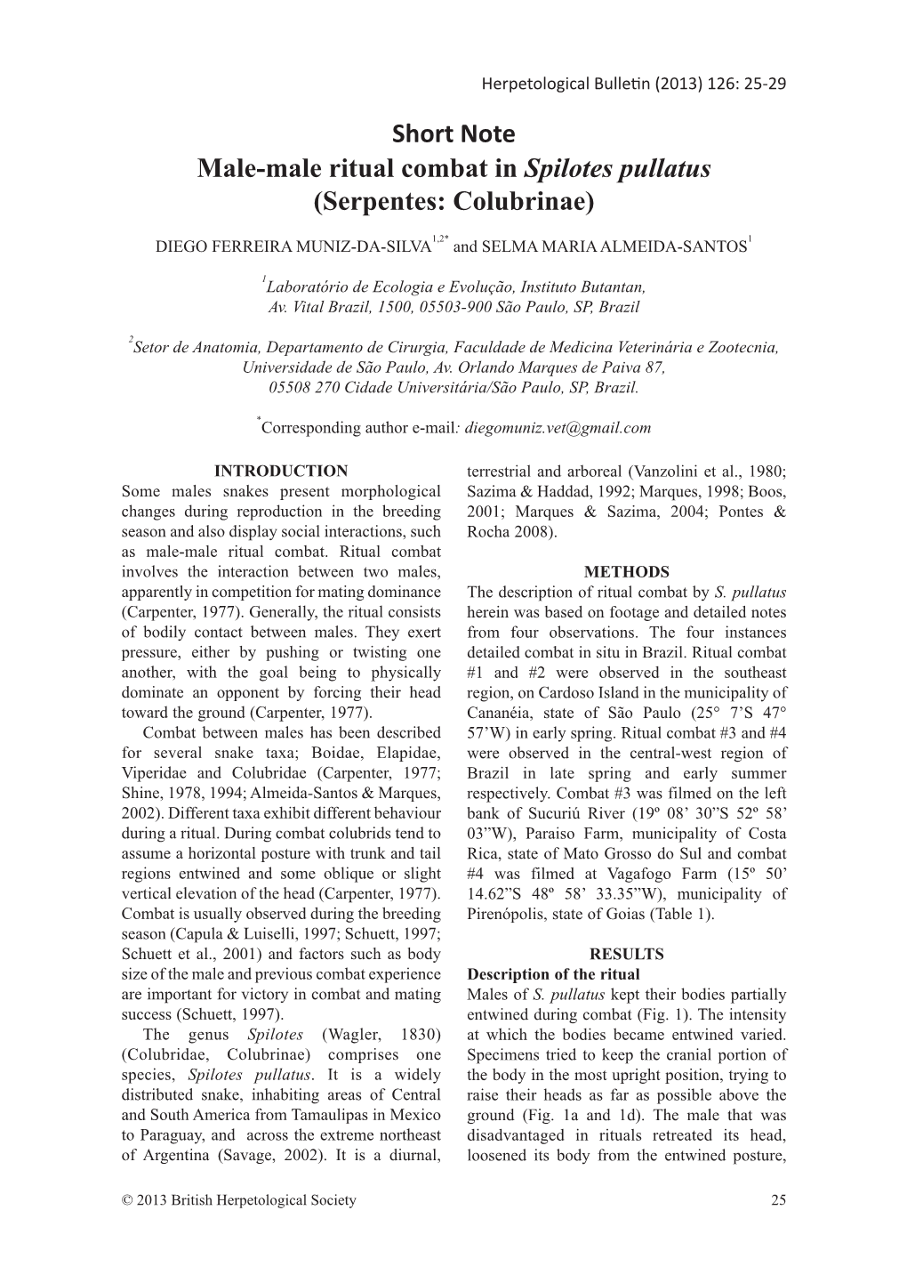 Short Note Male-Male Ritual Combat in Spilotes Pullatus (Serpentes: Colubrinae)