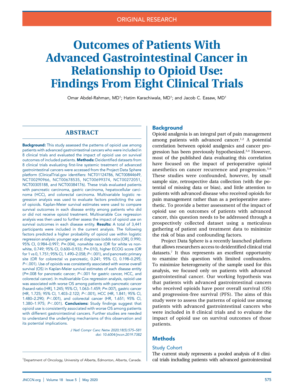 Outcomes of Patients with Advanced Gastrointestinal Cancer in Relationship to Opioid Use: Findings from Eight Clinical Trials