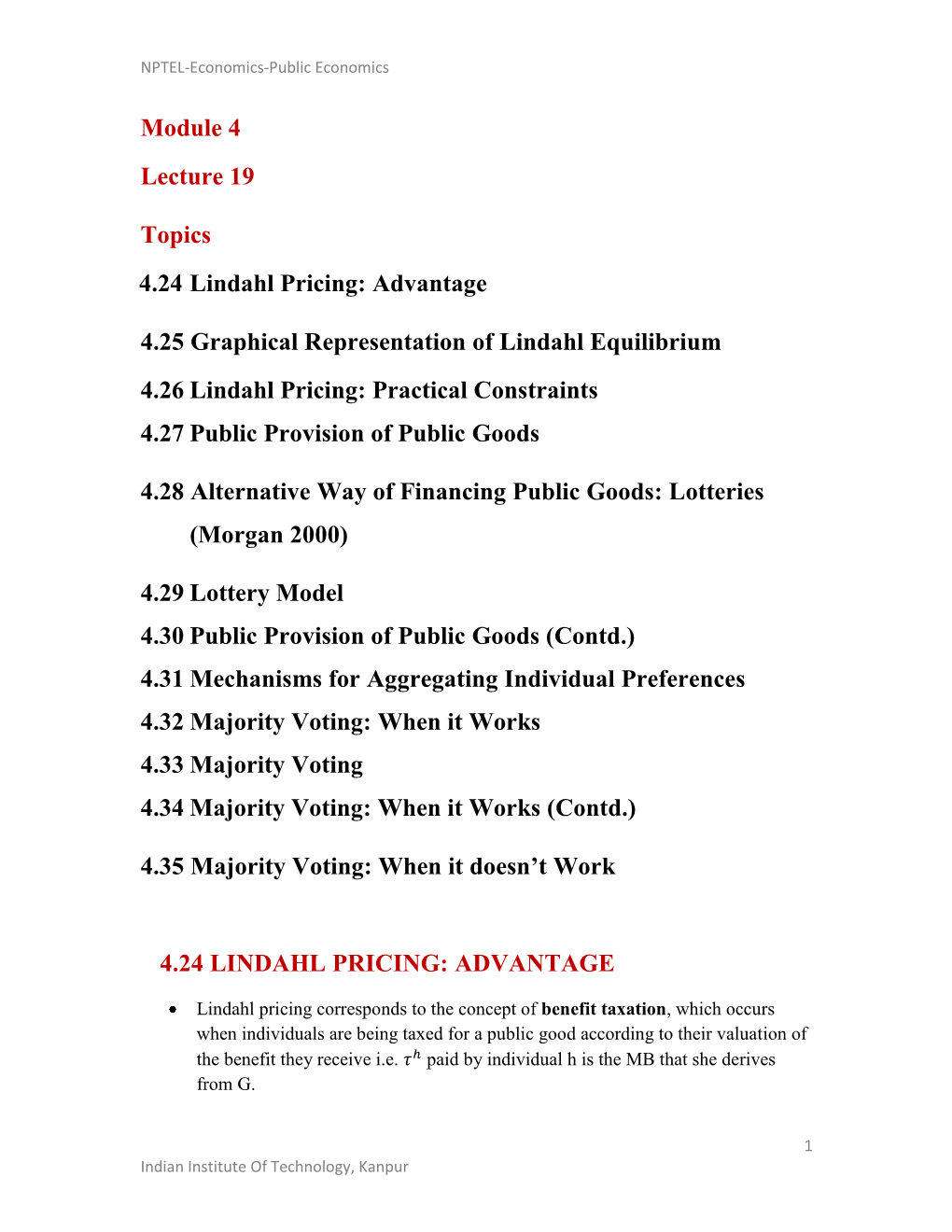 Module 4 Lecture 19 Topics 4.24 Lindahl Pricing