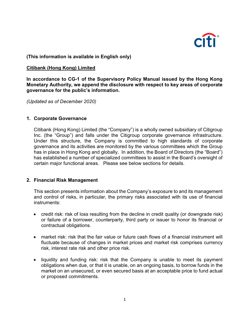 Citibank (Hong Kong) Limited in Accordance to CG-1 of The