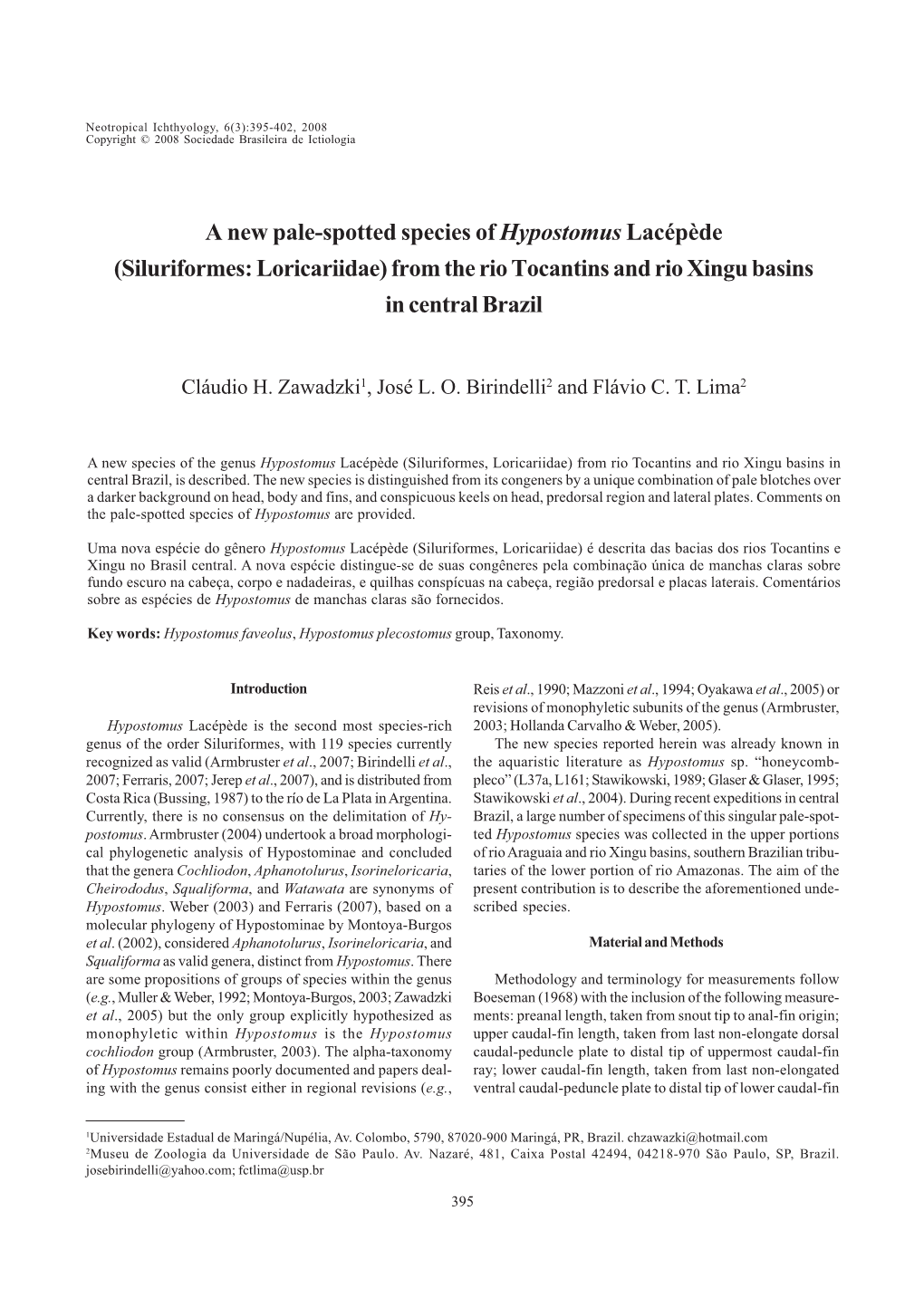 Siluriformes: Loricariidae) from the Rio Tocantins and Rio Xingu Basins in Central Brazil