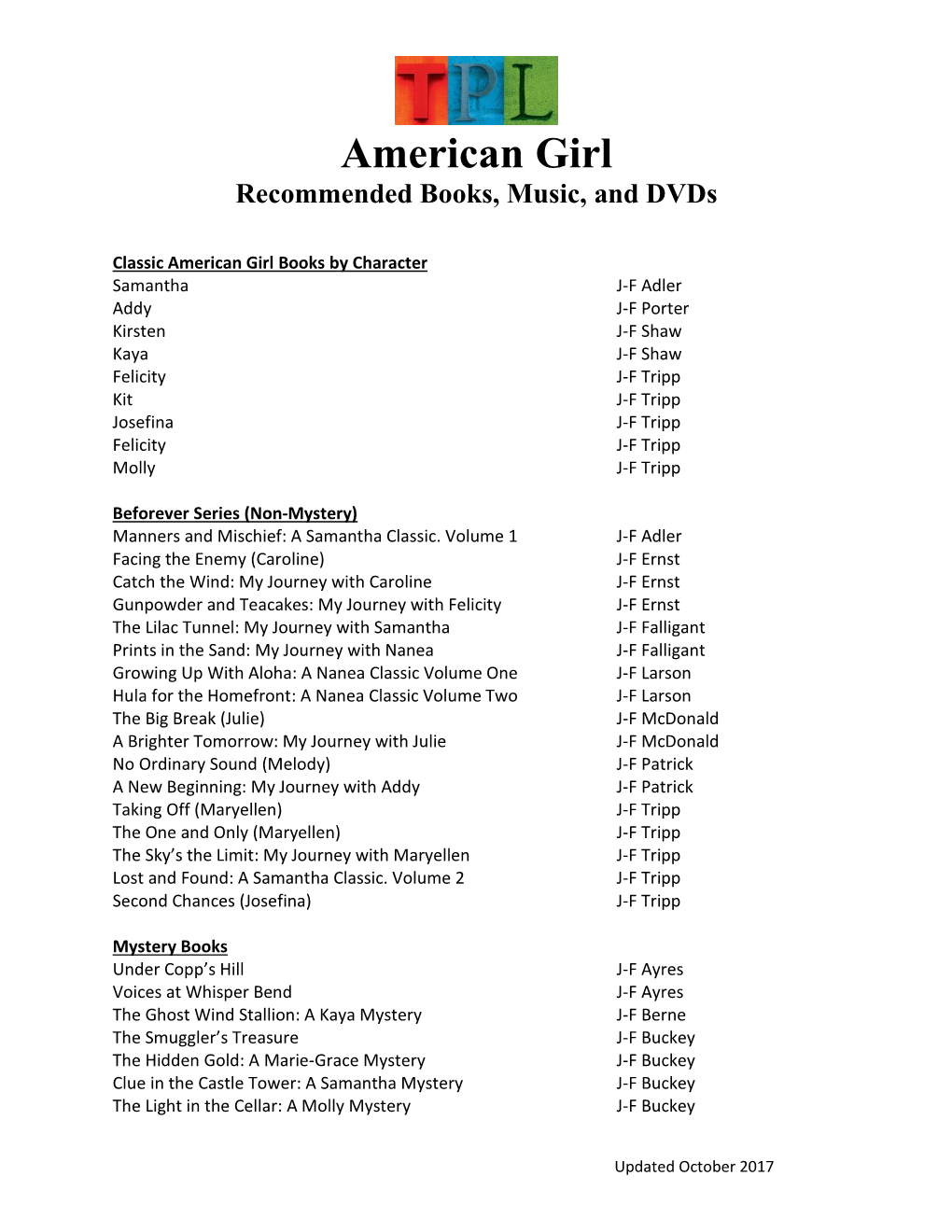 American Girl Recommended Books, Music, and Dvds