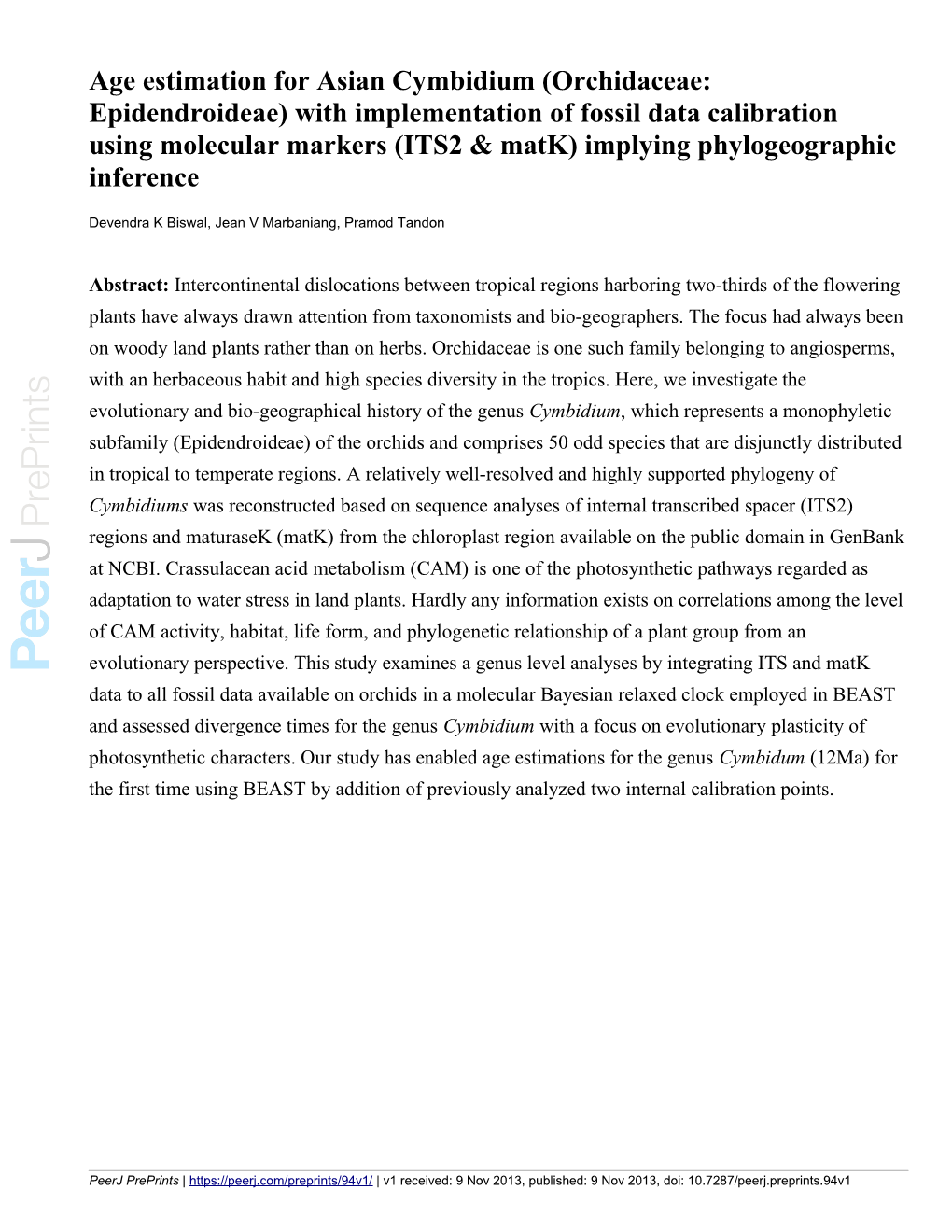 Age Estimation for Asian Cymbidium (Orchidaceae: Epidendroideae