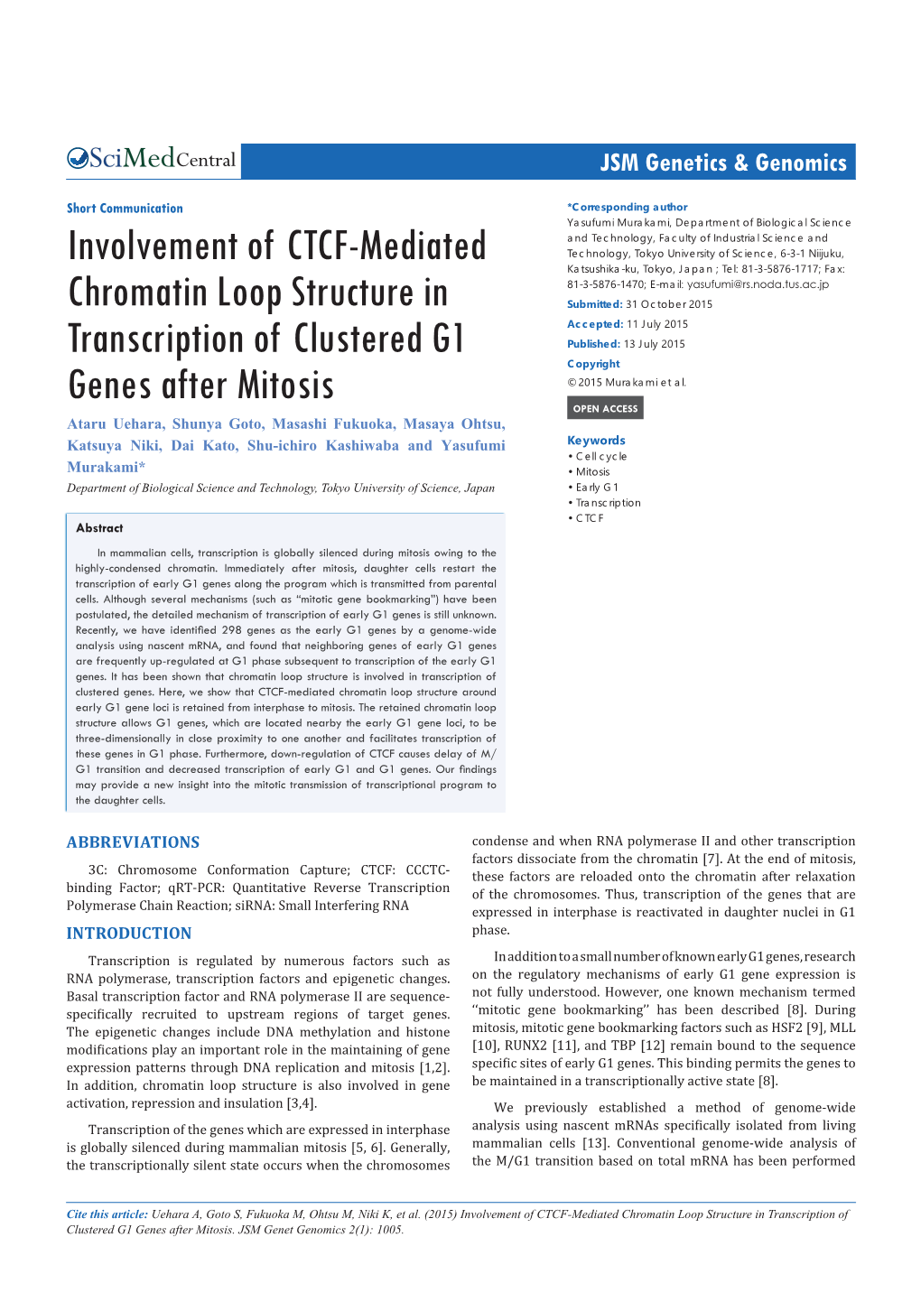 Involvement of CTCF-Mediated Chromatin Loop Structure in Transcription of Clustered G1 Genes After Mitosis