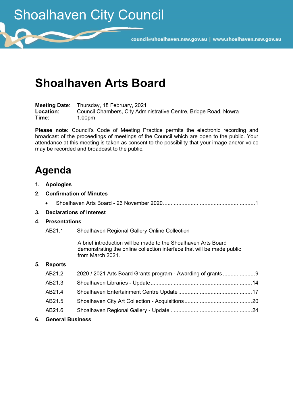 Agenda of Shoalhaven Arts Board