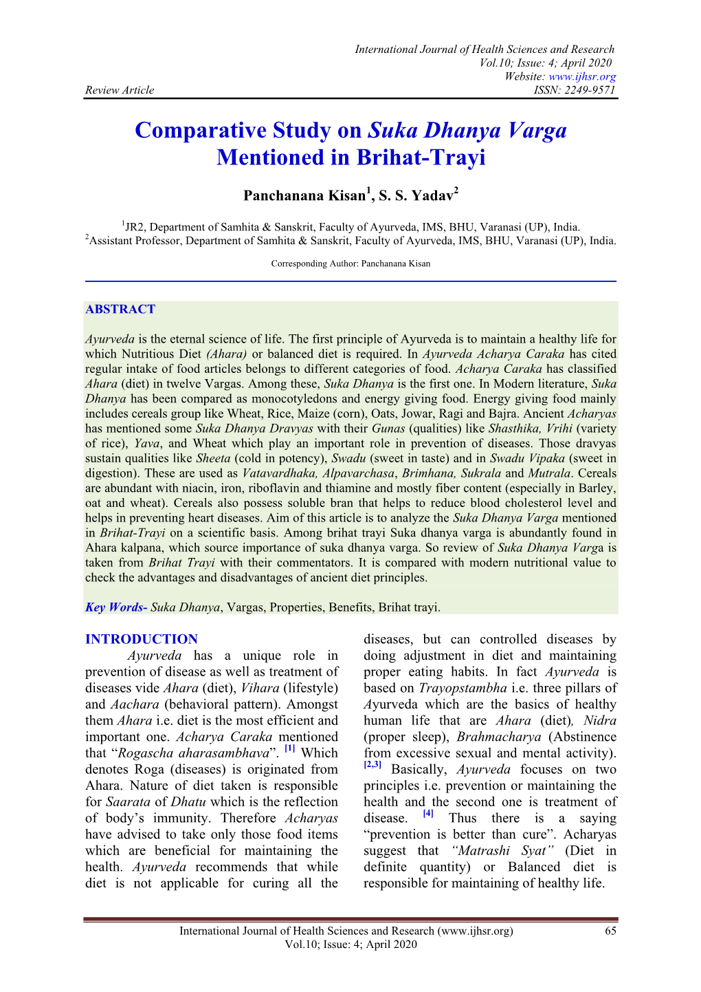 Comparative Study on Suka Dhanya Varga Mentioned in Brihat-Trayi