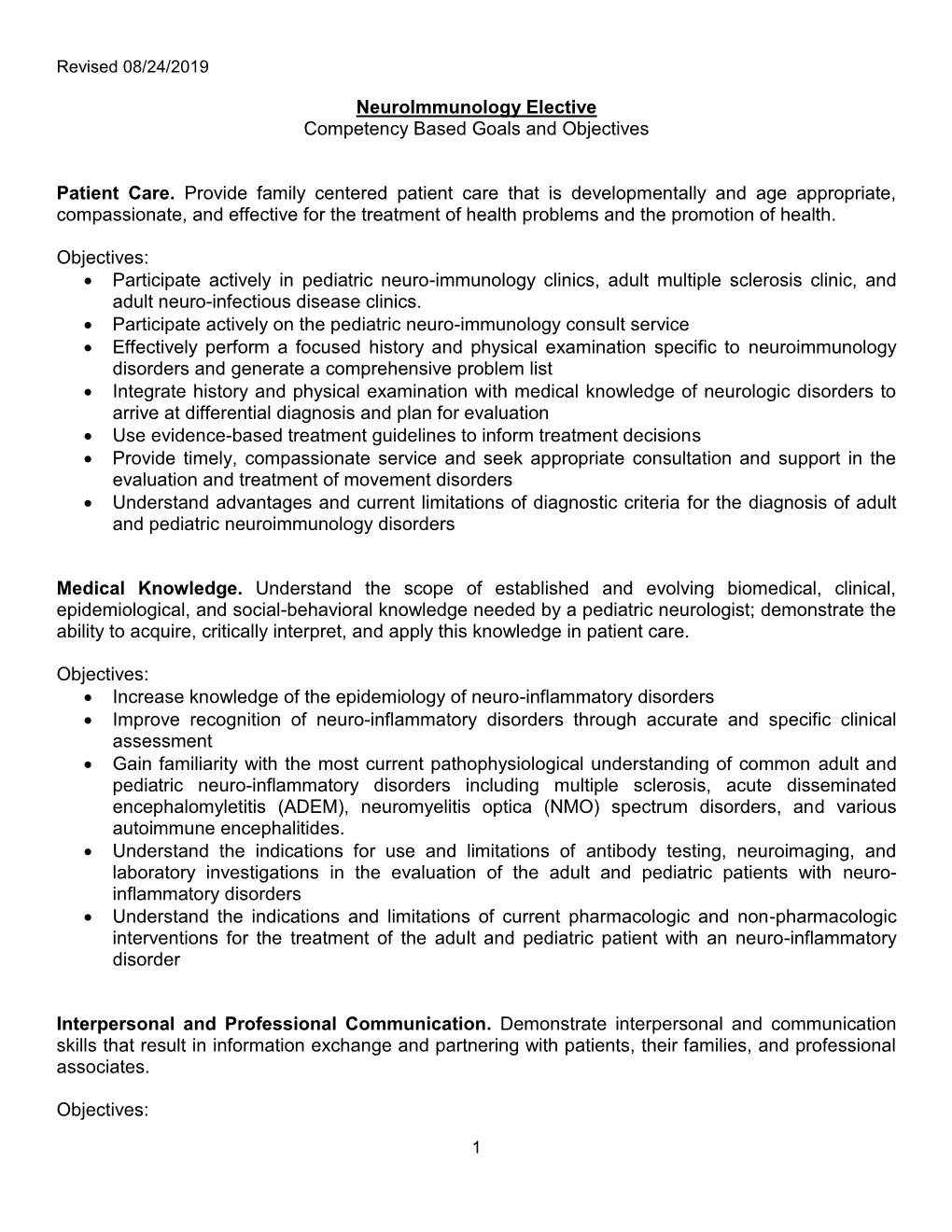 Neuroimmunology Elective Competency Based Goals and Objectives