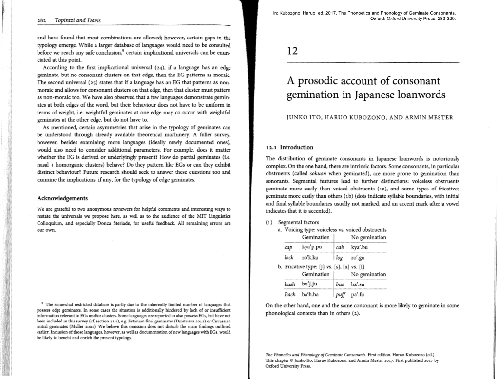 A Prosodic Account of Consonant Gemination in Japanese Loanwords