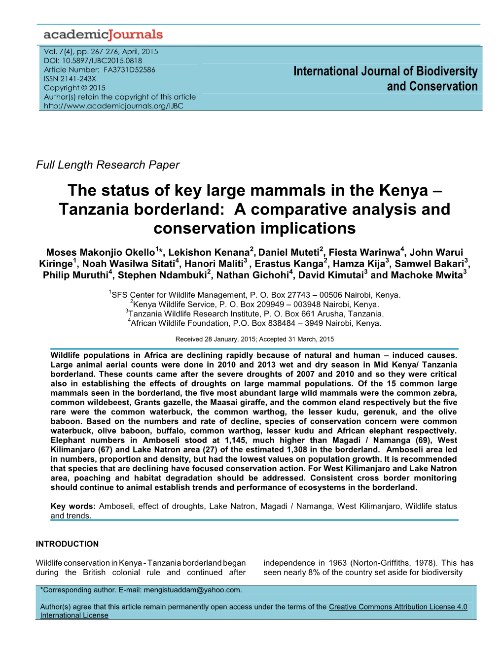 The Status of Key Large Mammals in the Kenya – Tanzania Borderland: a Comparative Analysis and Conservation Implications