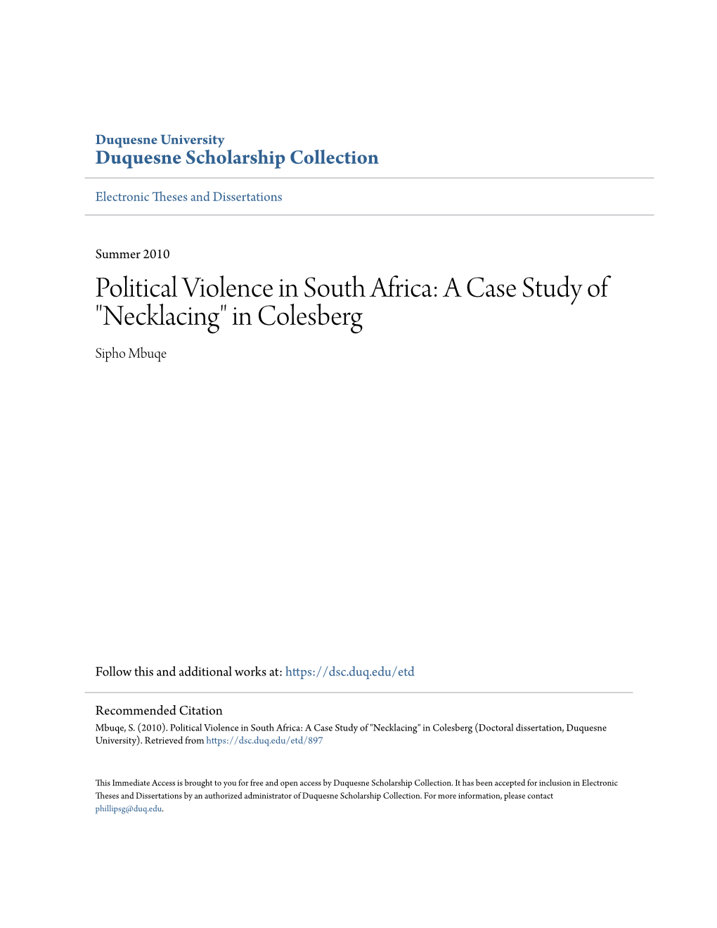 Political Violence in South Africa: a Case Study of 