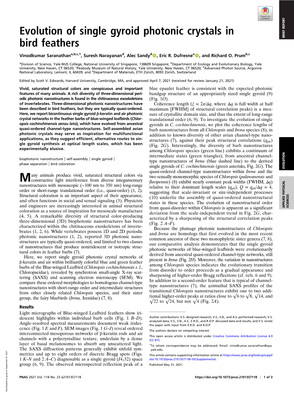 Evolution of Single Gyroid Photonic Crystals in Bird Feathers Downloaded by Guest on September 27, 2021 BRIEF REPORT