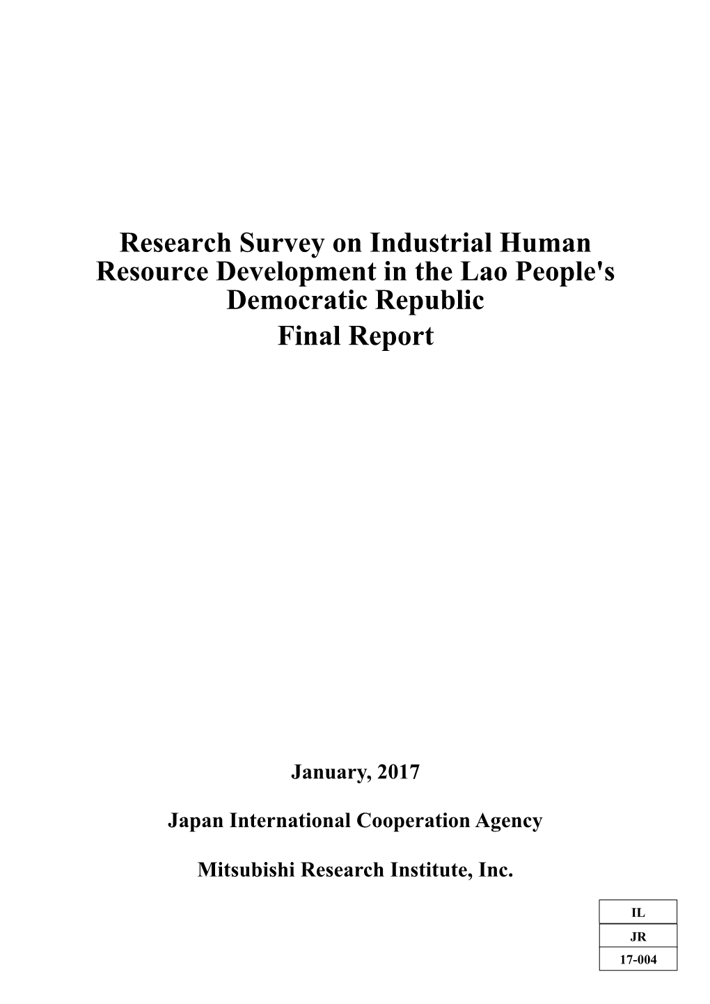 Research Survey on Industrial Human Resource Development in the Lao People's Democratic Republic Final Report