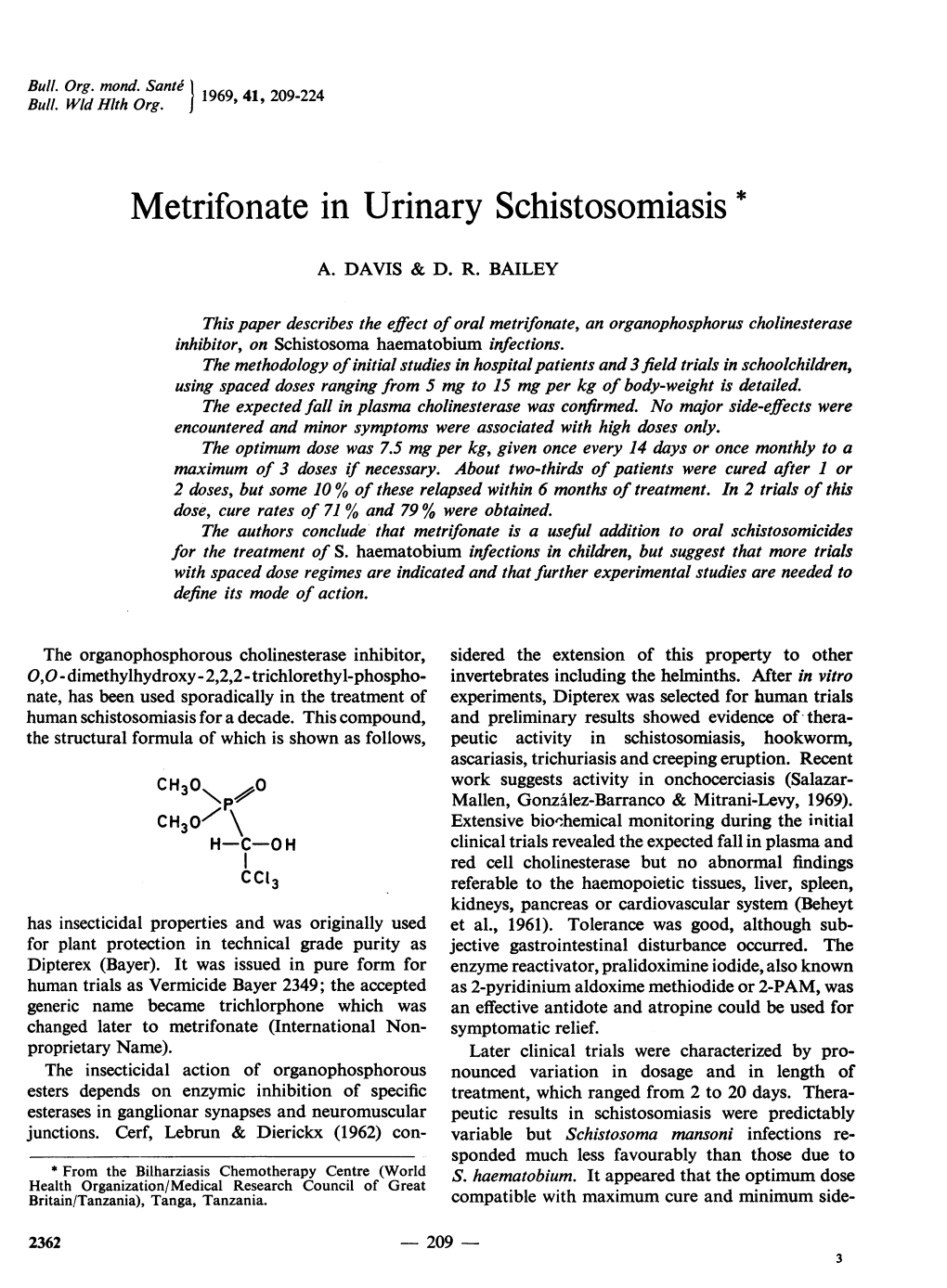 Metrifonate in Urinary Schistosomiasis*