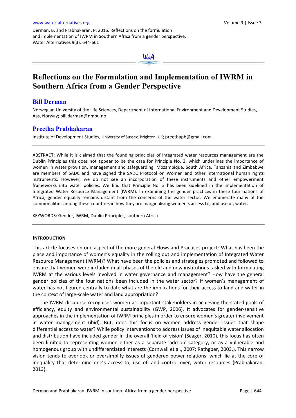 Full Text in the Appendix on the Principles of IWRM Is As Follows