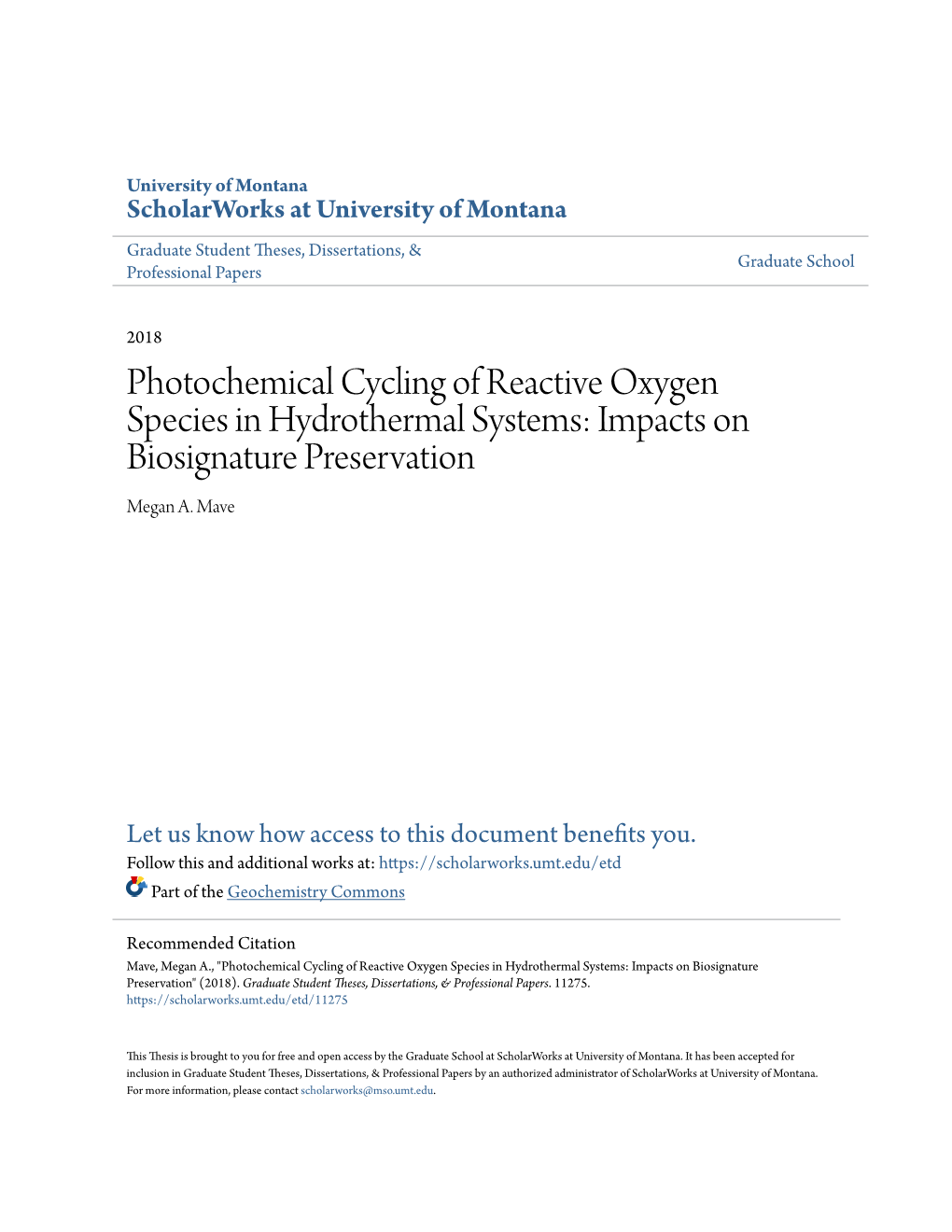 Photochemical Cycling of Reactive Oxygen Species in Hydrothermal Systems: Impacts on Biosignature Preservation Megan A