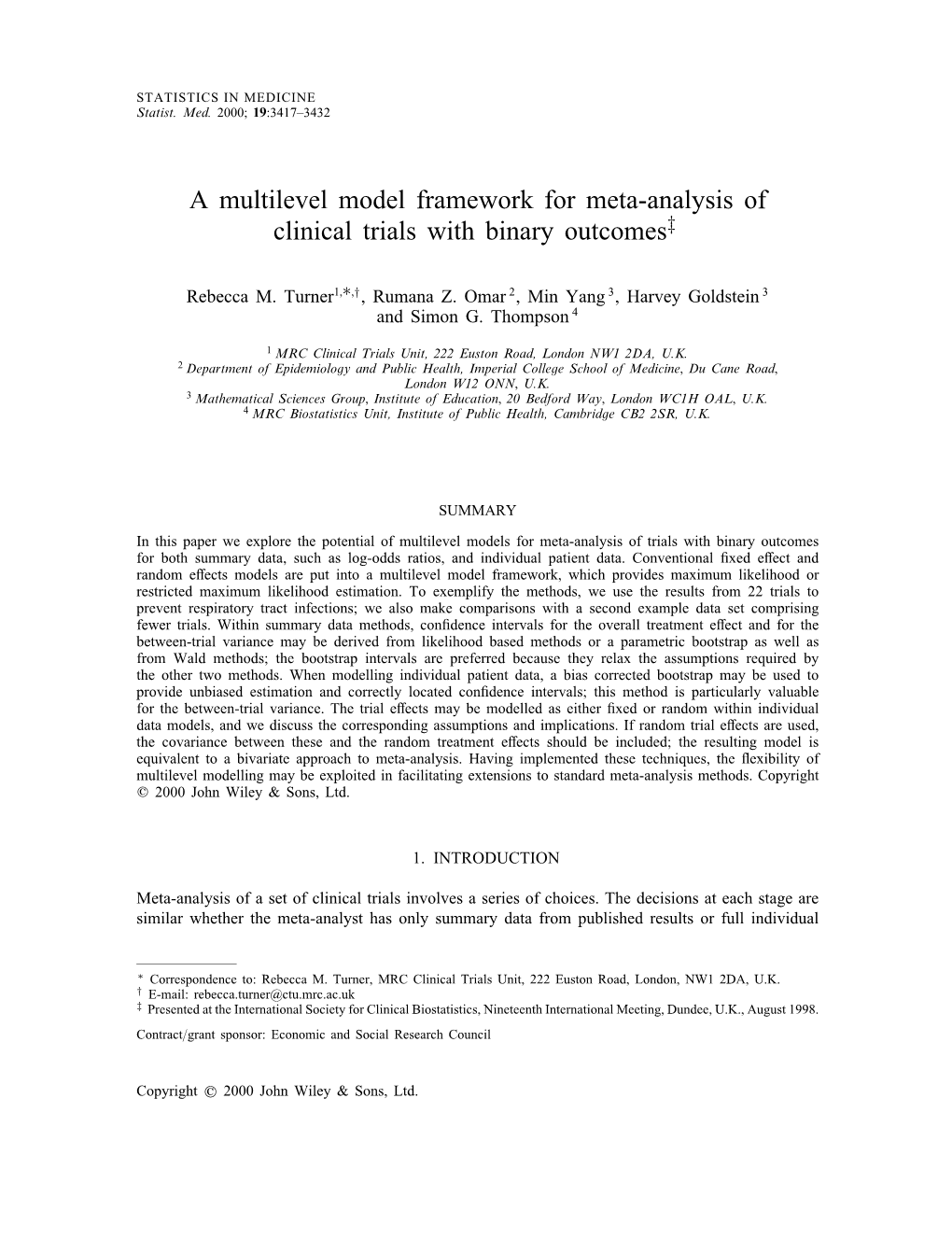 A Multilevel Model Framework for Meta-Analysis of Clinical Trials with Binary Outcomes‡