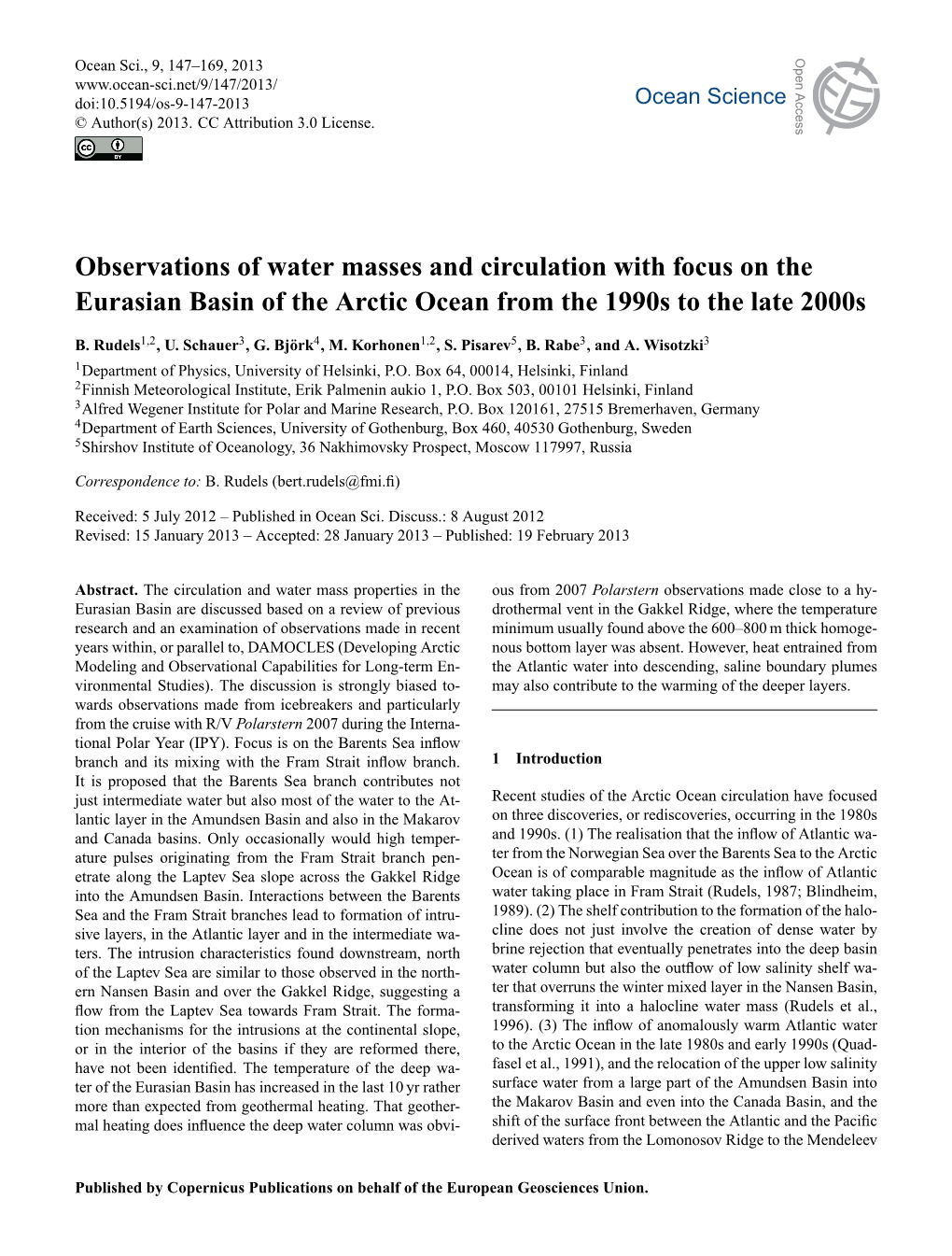 Observations of Water Masses and Circulation with Focus on The