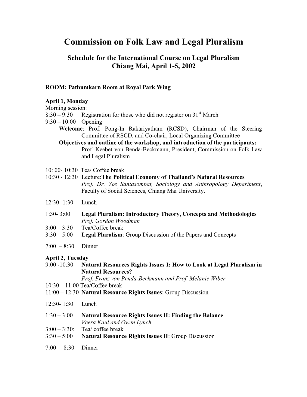 Tentative Schedule for the Course on Legal Pluralism