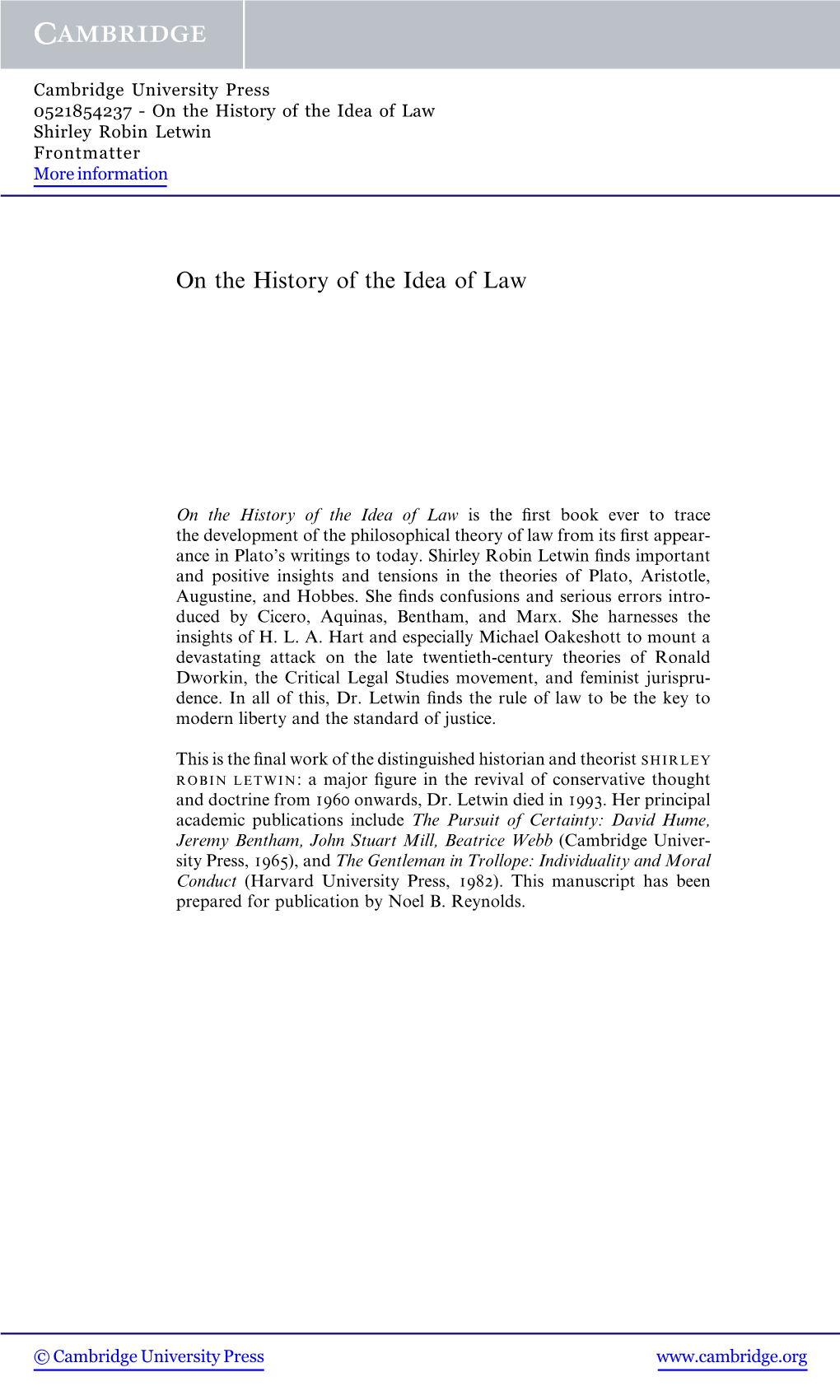 On the History of the Idea of Law Shirley Robin Letwin Frontmatter More Information