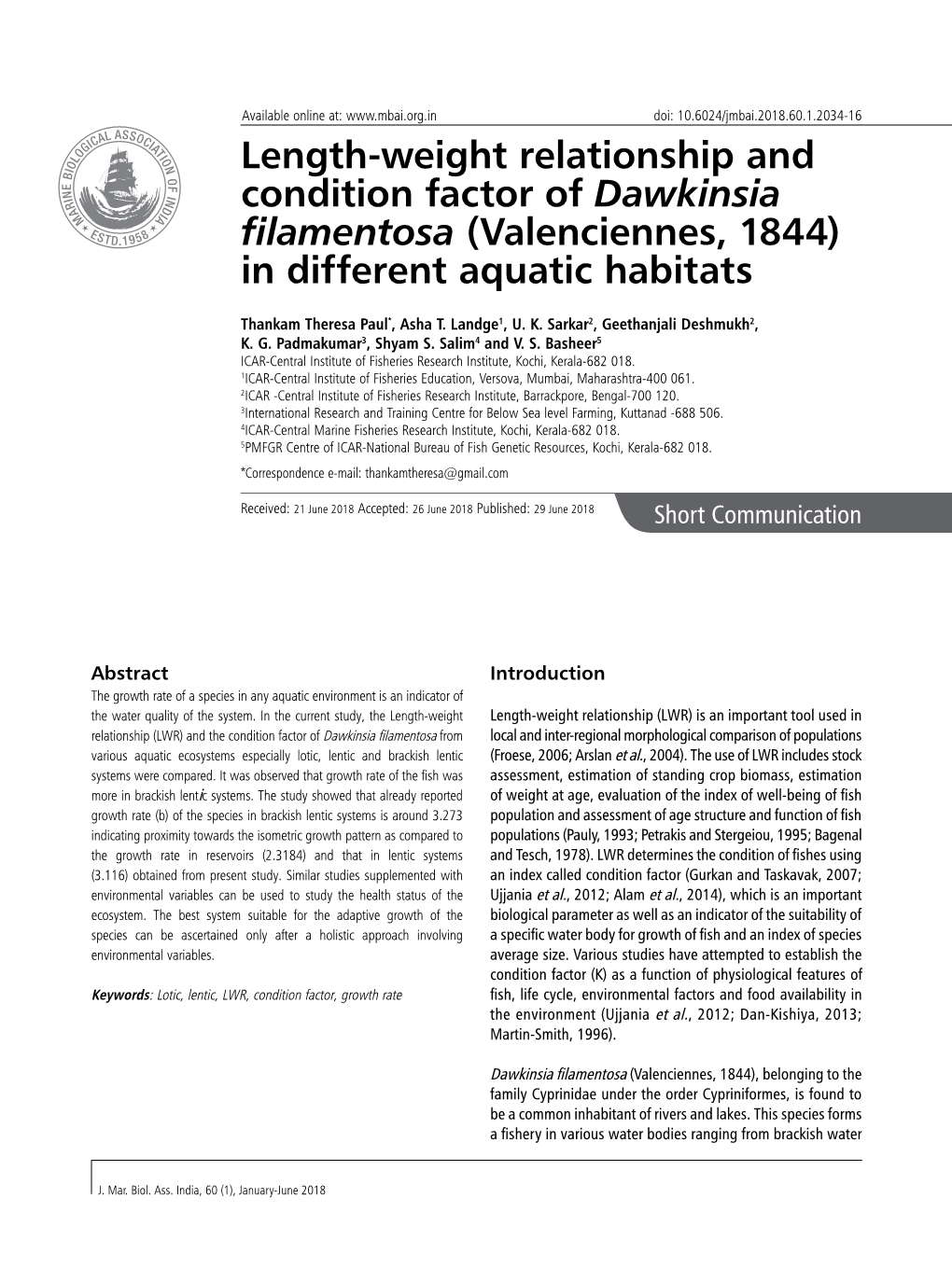 Length-Weight Relationship and Condition Factor of Dawkinsia Filamentosa (Valenciennes, 1844) in Different Aquatic Habitats