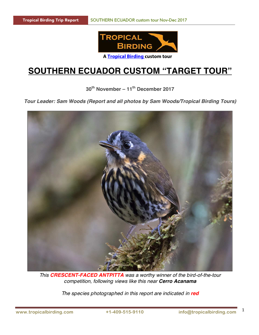 SOUTHERN ECUADOR Custom Tour Nov-Dec 2017