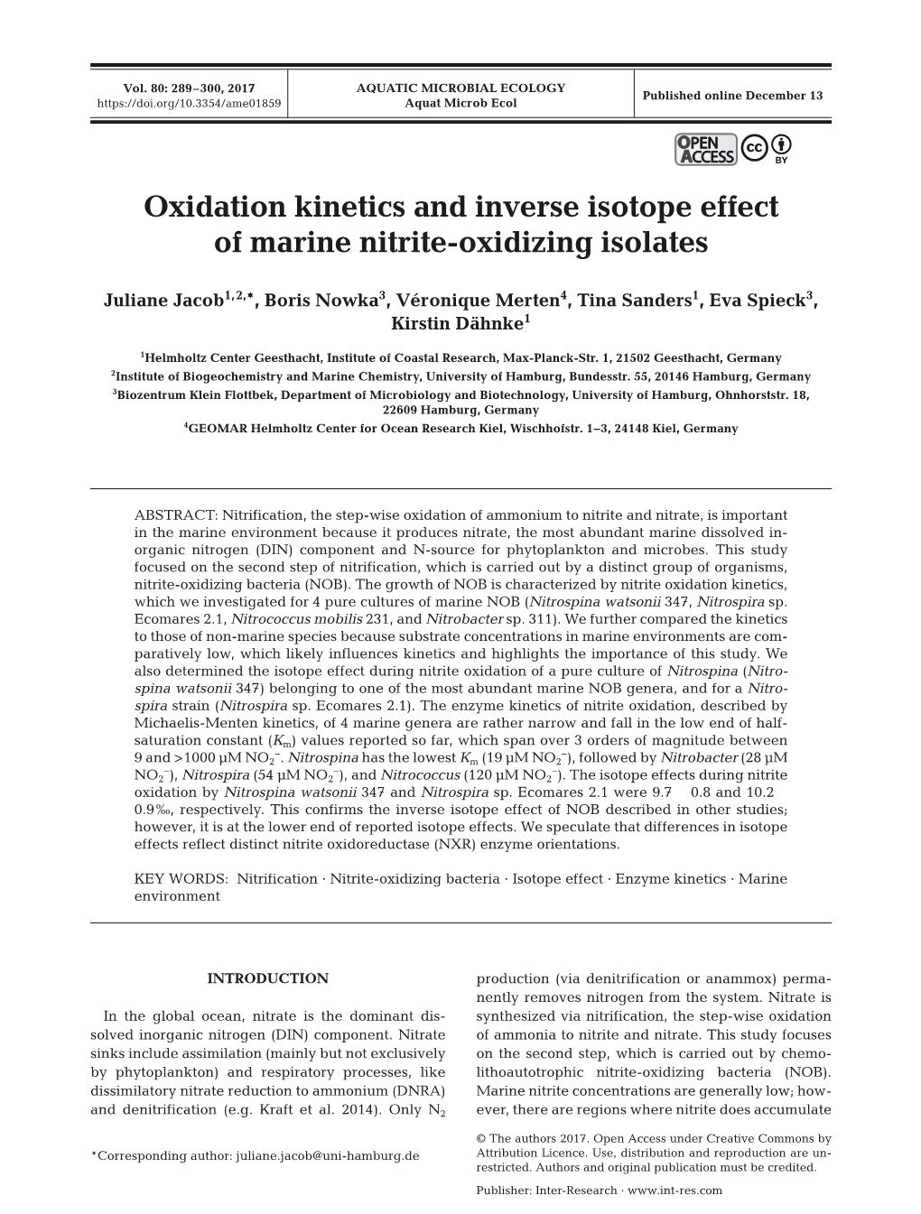 Oxidation Kinetics and Inverse Isotope Effect of Marine Nitrite-Oxidizing Isolates