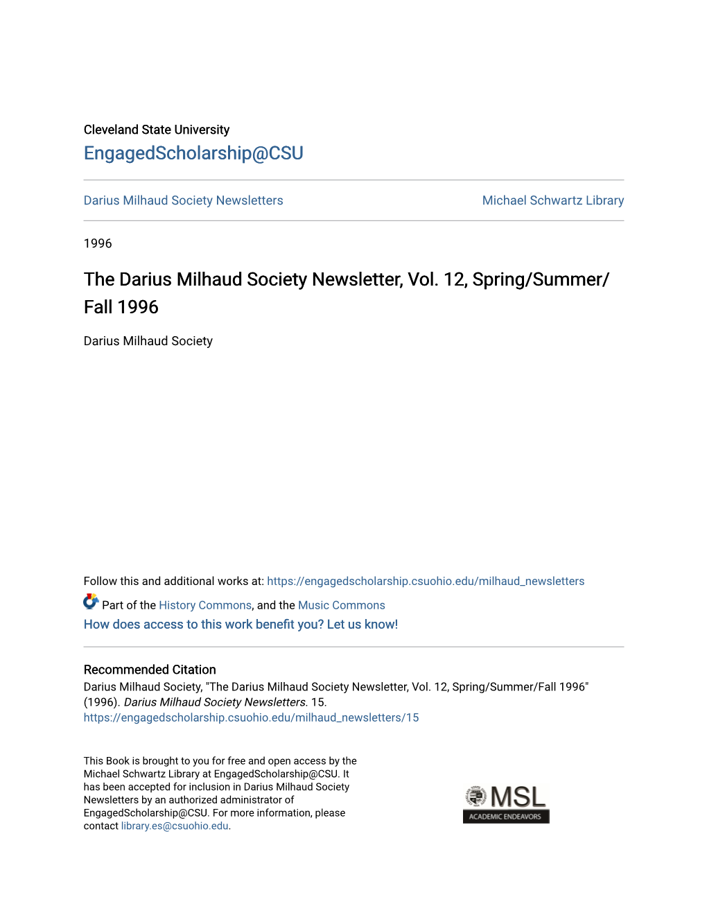 The Darius Milhaud Society Newsletter, Vol. 12, Spring/Summer/Fall 1996" (1996)