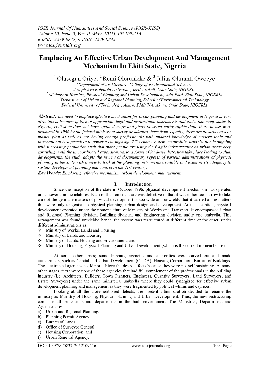 Emplacing an Effective Urban Development and Management Mechanism in Ekiti State, Nigeria