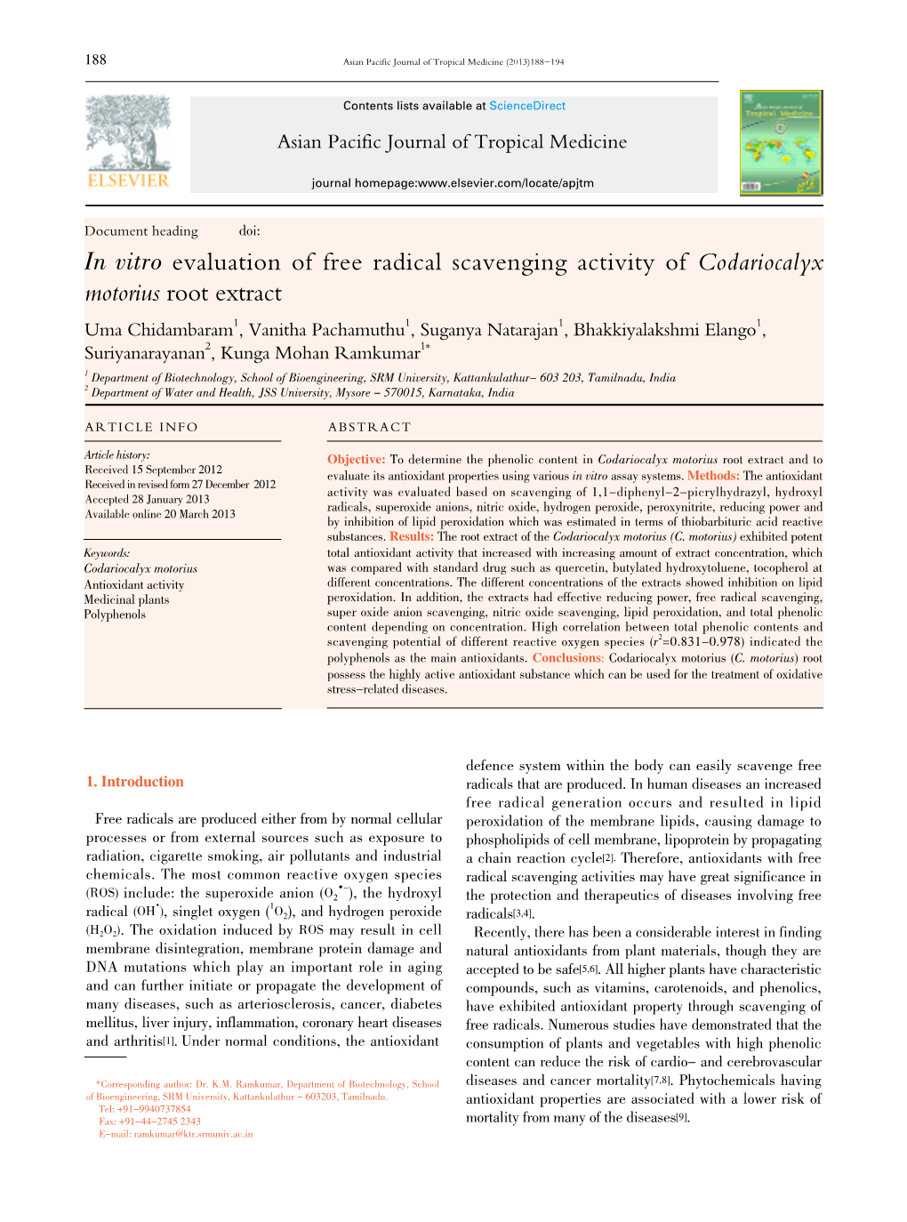 In Vitro Evaluation of Free Radical Scavenging Activity of Codariocalyx Motorius Root Extract