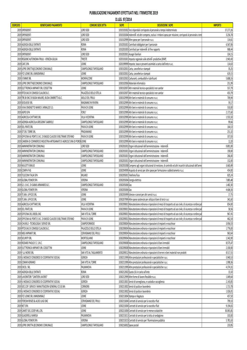 Z Pubblicazione Pagamenti I Trim 2019 D.Lgs.97-2016