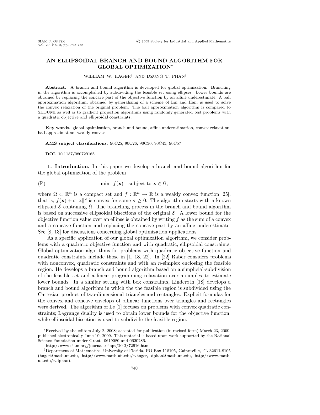 An Ellipsoidal Branch and Bound Algorithm for Global Optimization∗