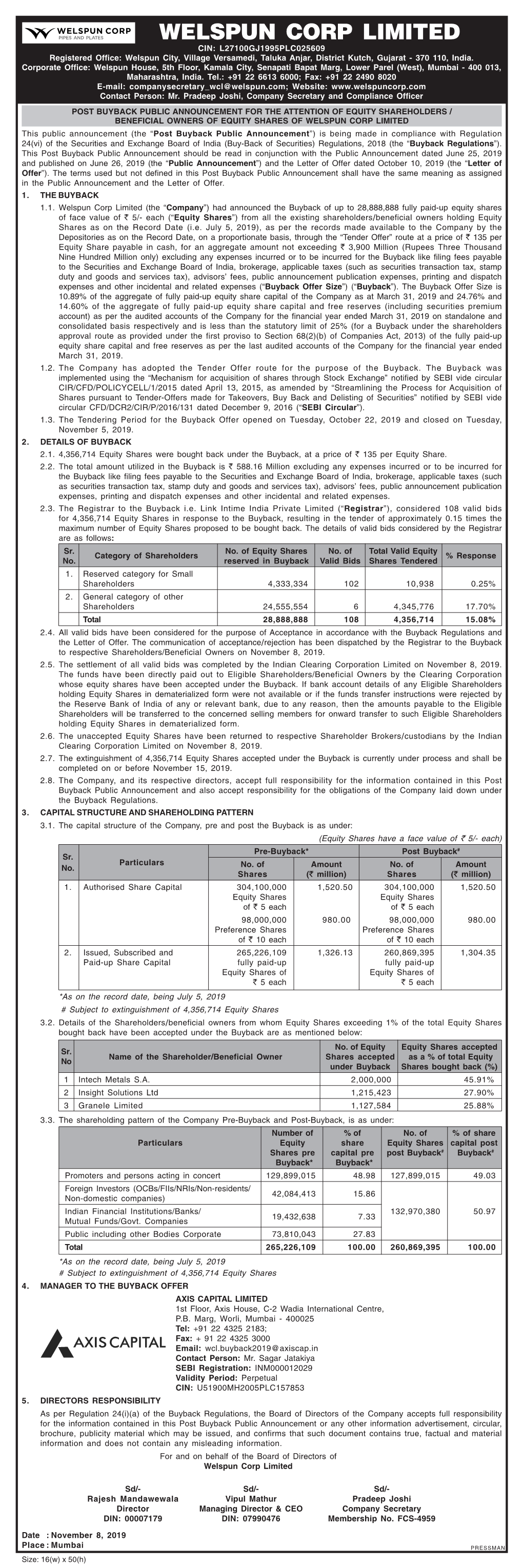 Welspun Corp Limited Post Buyback PA 8 November 2019.Pmd