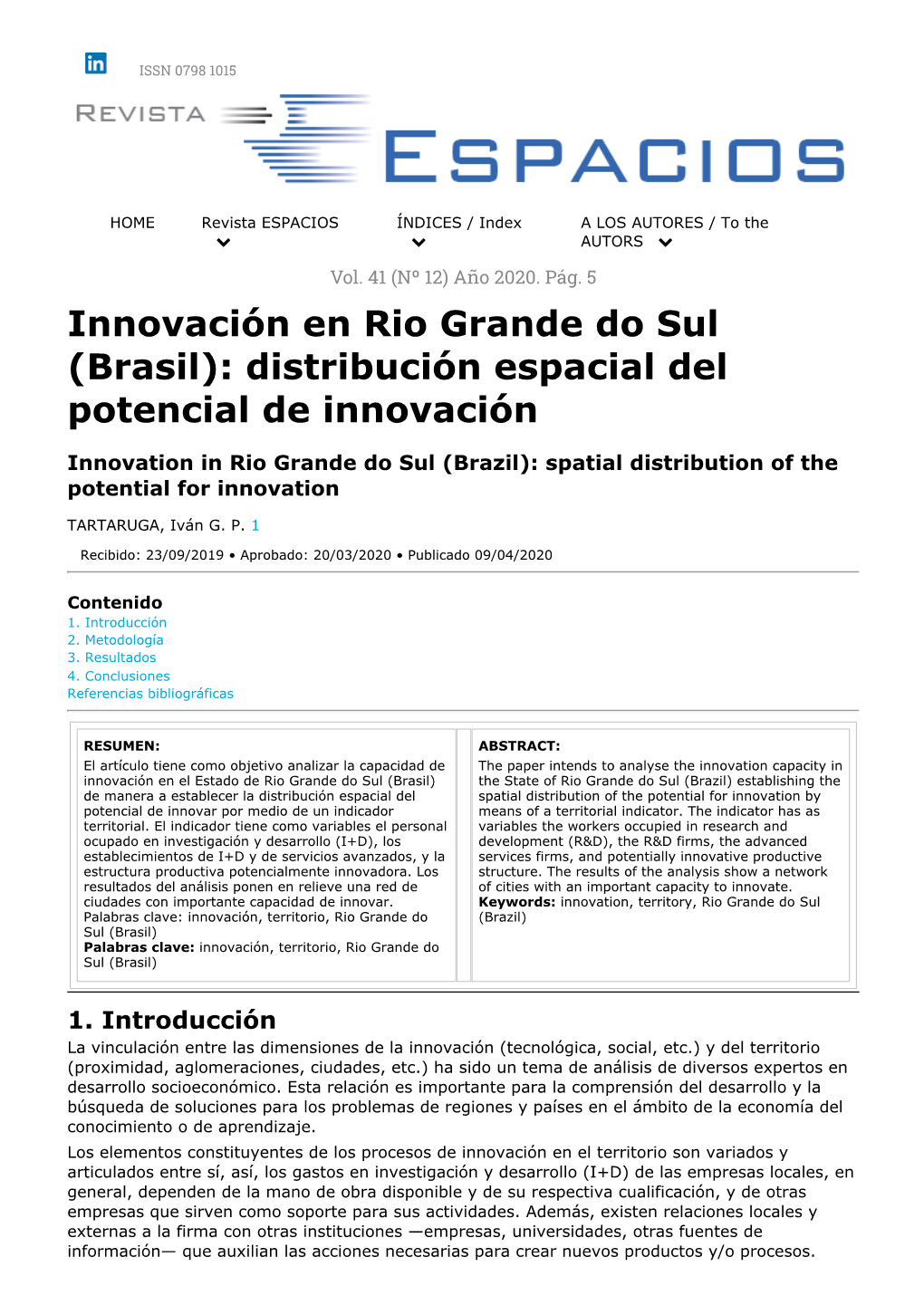Innovación En Rio Grande Do Sul (Brasil): Distribución Espacial Del Potencial De Innovación
