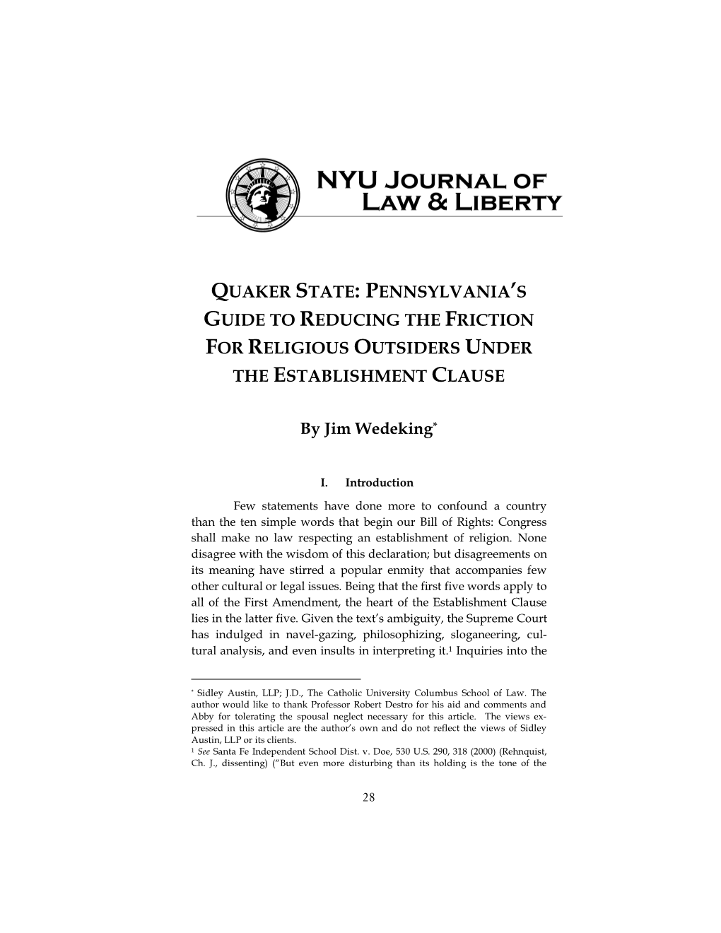 Quaker State: Pennsylvania's Guide to Reducing the Friction for Religious Outsiders Under the Establishment Clause